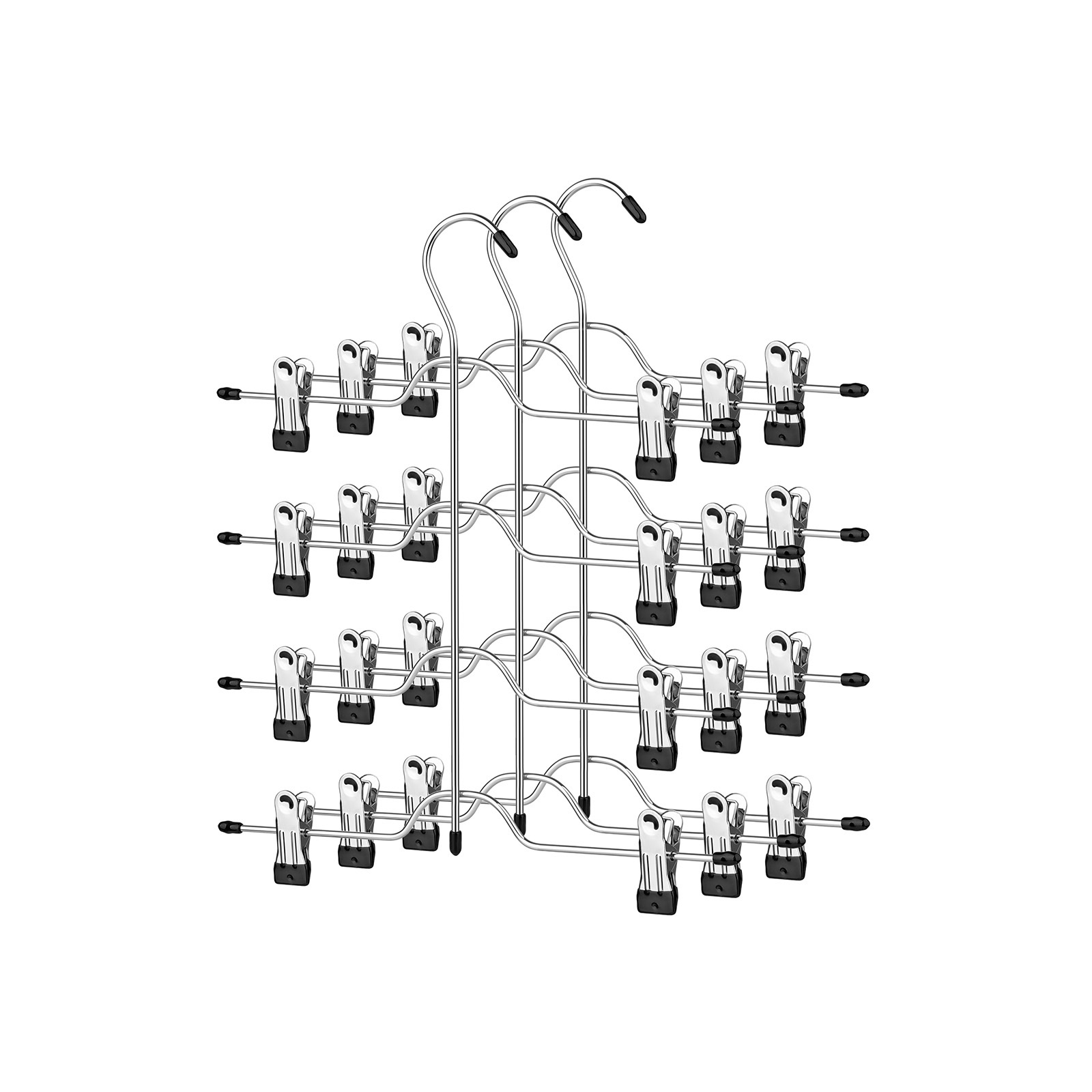 Byxkjolhängare med clips, uppsättning med 3 utrymmesbesparande byxhängare i metall i 4 våningar, med 8 justerbara halkfria clips, för byxor, jeans, handdukar, shorts, 32 cm, silver och svart - Bild 2