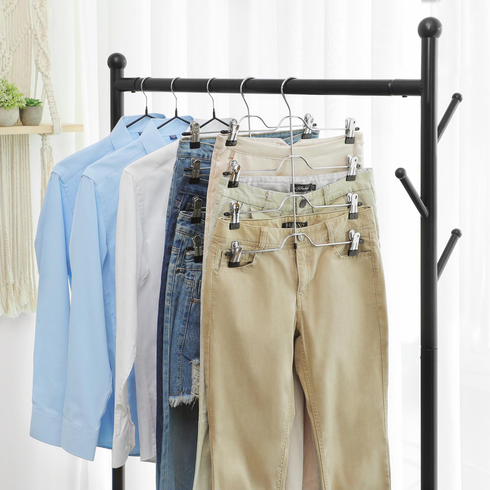 Byxkjolhängare med clips, uppsättning med 3 utrymmesbesparande byxhängare i metall i 4 våningar, med 8 justerbara halkfria clips, för byxor, jeans, handdukar, shorts, 32 cm, silver och svart - Bild 3