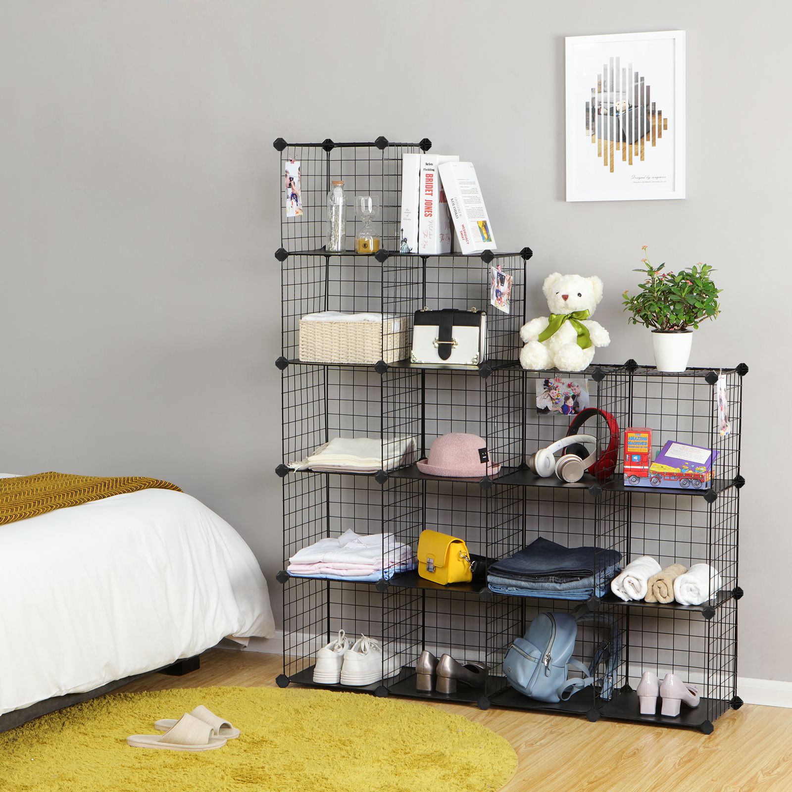 16 Cube Metal Wire Storage Organiser, DIY Closet Cabinet and Modular Shelving Grids, Wire Mesh Shelves and Rack, Black - Image 4
