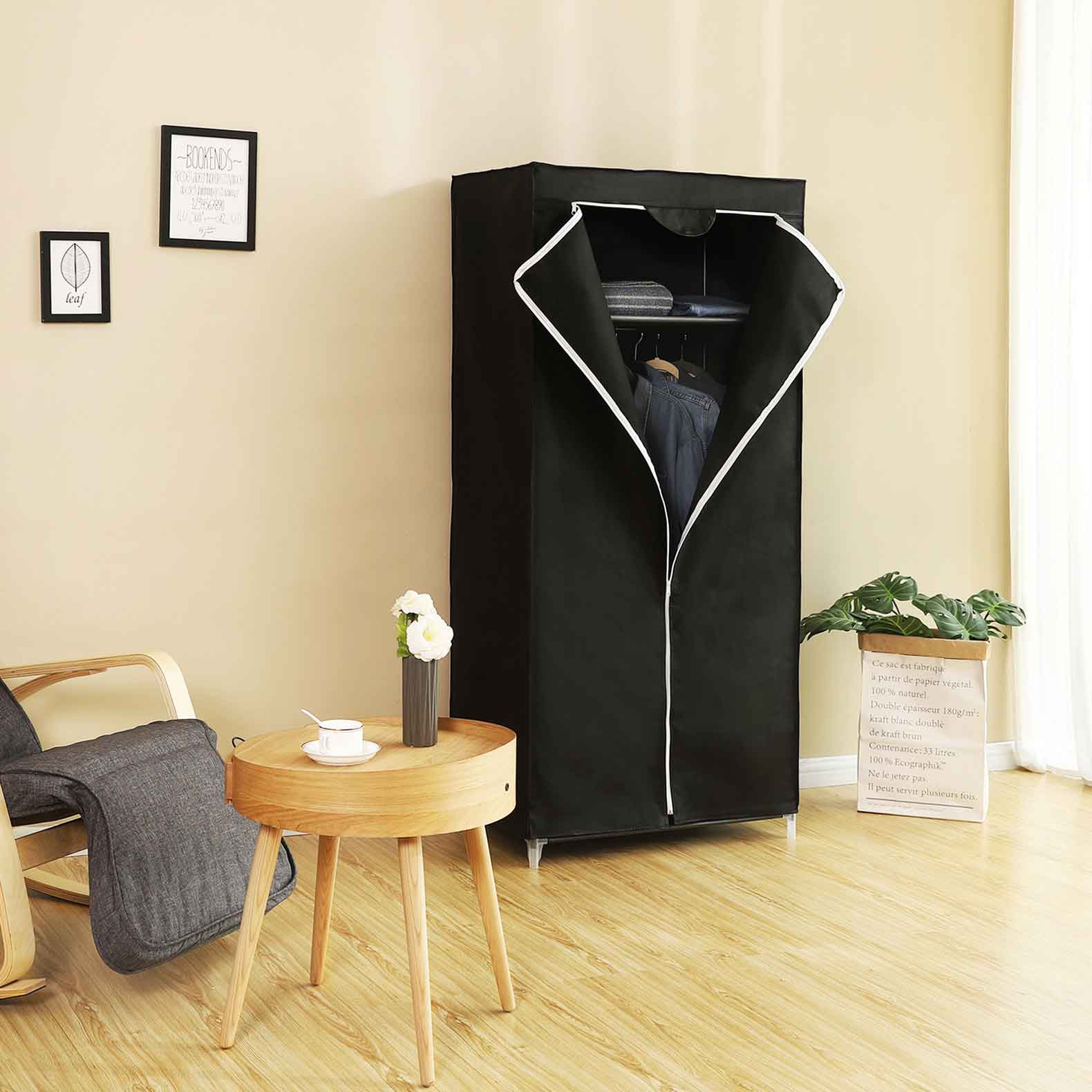 Fabric Wardrobe, Foldable Closet with Hanging Rail, Single Clothes Rack, Storage Organiser for Bags, Toys, Shoes, Living Room, Bedroom, Cloakroom, 75 x 45 x 160 cm, Black - Image 4