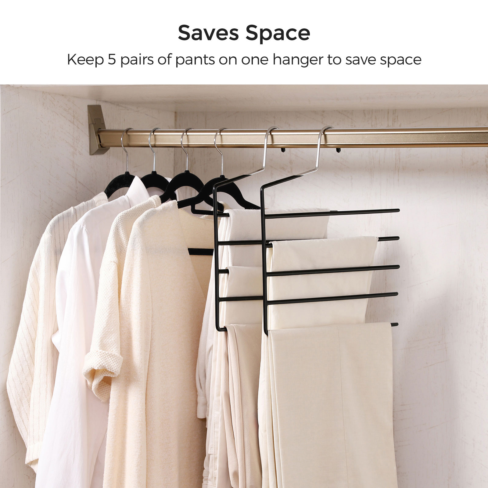 Trousers Hangers, 5-Bar Clothes Hangers, Set of 4, Space-Saving, Open-Ended, Non-Slip Trousers Organisers for Jeans Towels Scarves, Black - Image 4