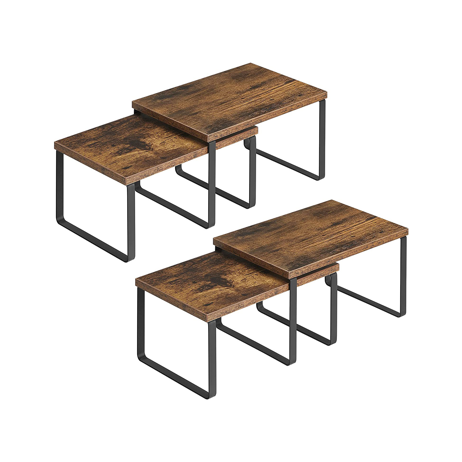 Spice Racks, Set of 4, Kitchen Shelves, Expandable Kitchen Organiser, Stackable, Metal and Chipboard, Shelf Insert, for Kitchen Cupboard, Kitchen, Vintage Brown-Black