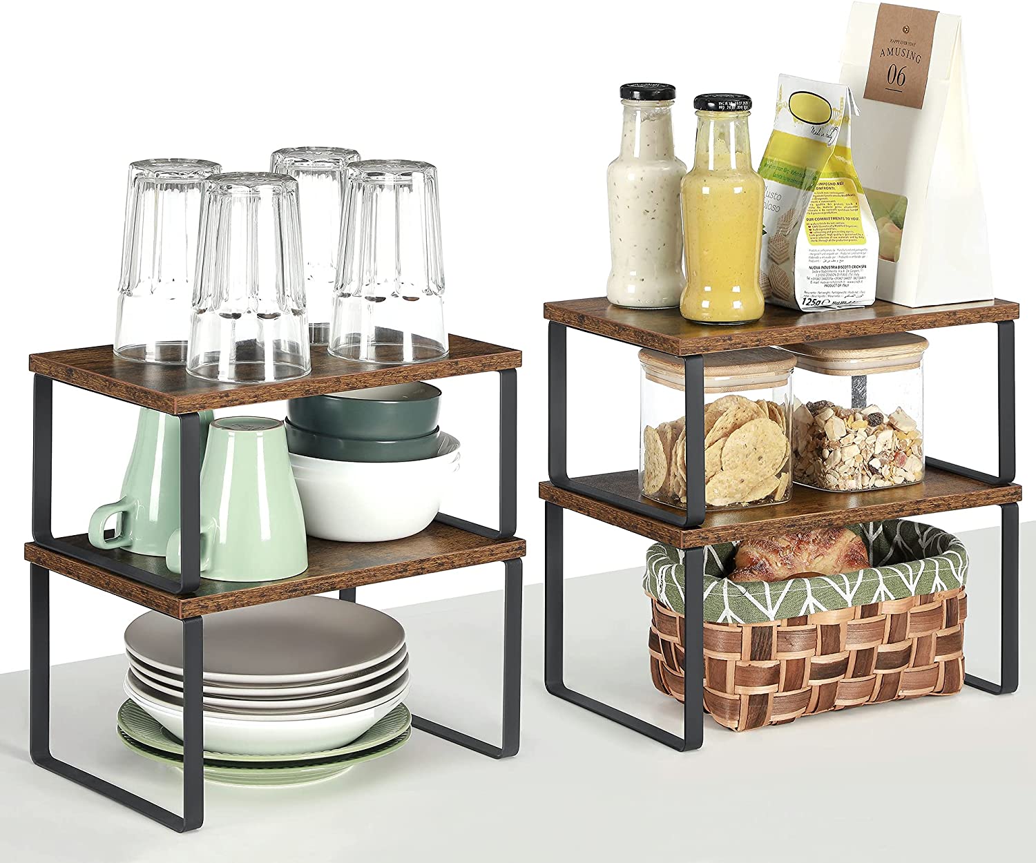 Spice Racks, Set of 4, Kitchen Shelves, Expandable Kitchen Organiser, Stackable, Metal and Chipboard, Shelf Insert, for Kitchen Cupboard, Kitchen, Vintage Brown-Black - Image 2