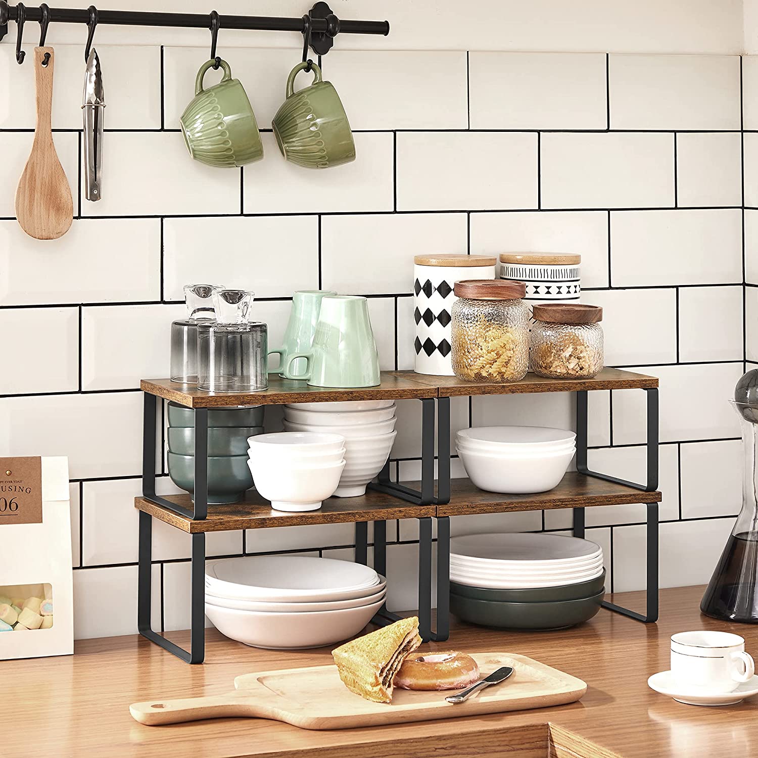 Spice Racks, Set of 4, Kitchen Shelves, Expandable Kitchen Organiser, Stackable, Metal and Chipboard, Shelf Insert, for Kitchen Cupboard, Kitchen, Vintage Brown-Black - Image 3