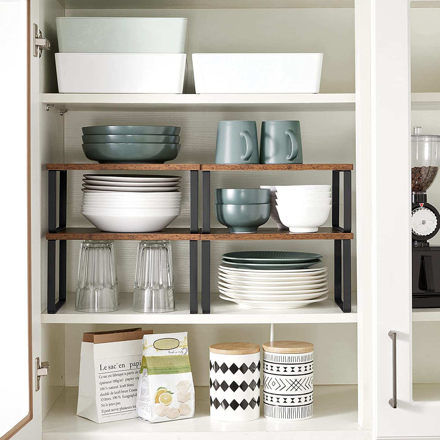 Spice Racks, Set of 4, Kitchen Shelves, Expandable Kitchen Organiser, Stackable, Metal and Chipboard, Shelf Insert, for Kitchen Cupboard, Kitchen, Vintage Brown-Black - Image 4