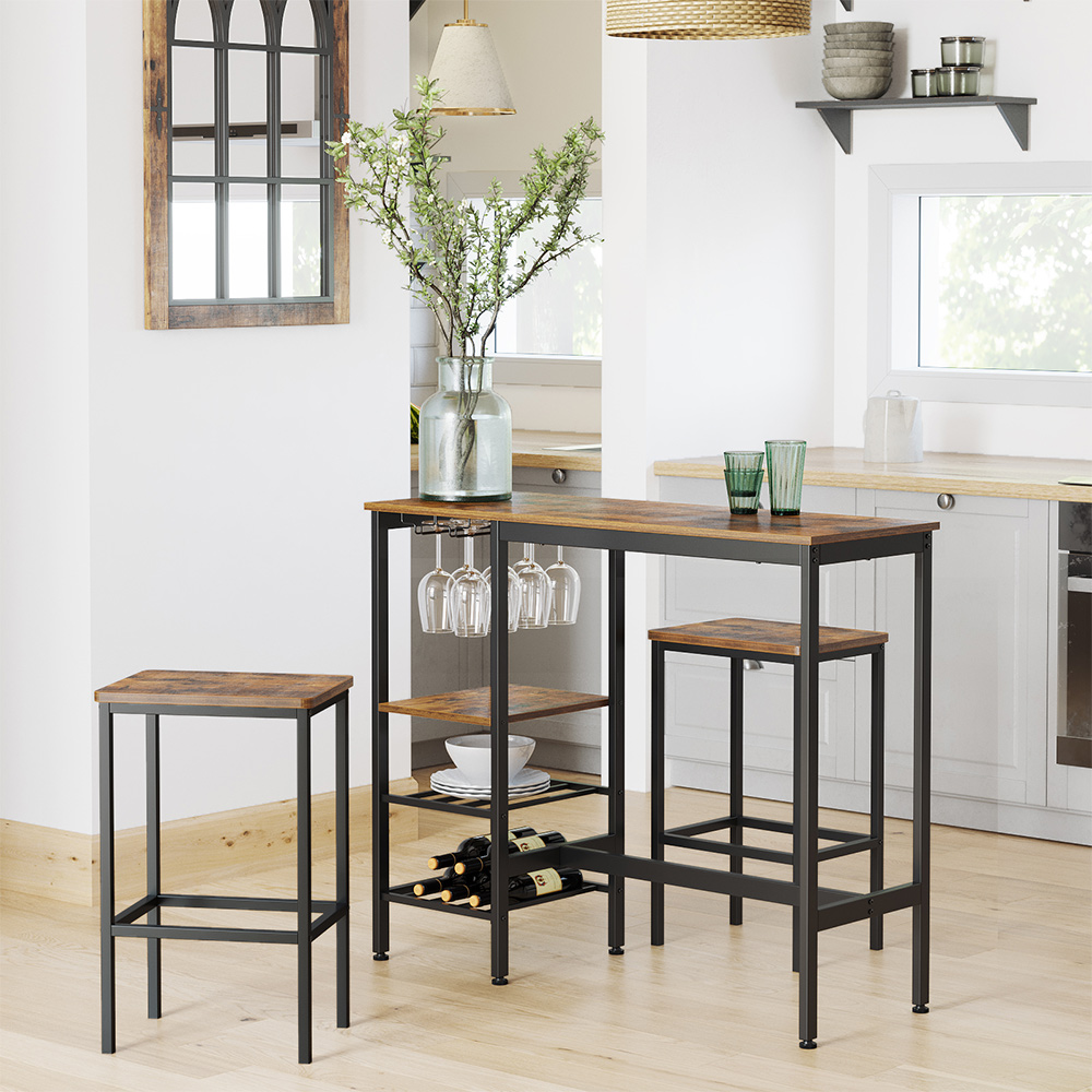 Højt bord, spisebord, barbord med vinglasholder og flaskeholder, til stuen, køkkenet, 110 x 40 x 90 cm, industrielt, rustikt brunt og sort LBT013B01
