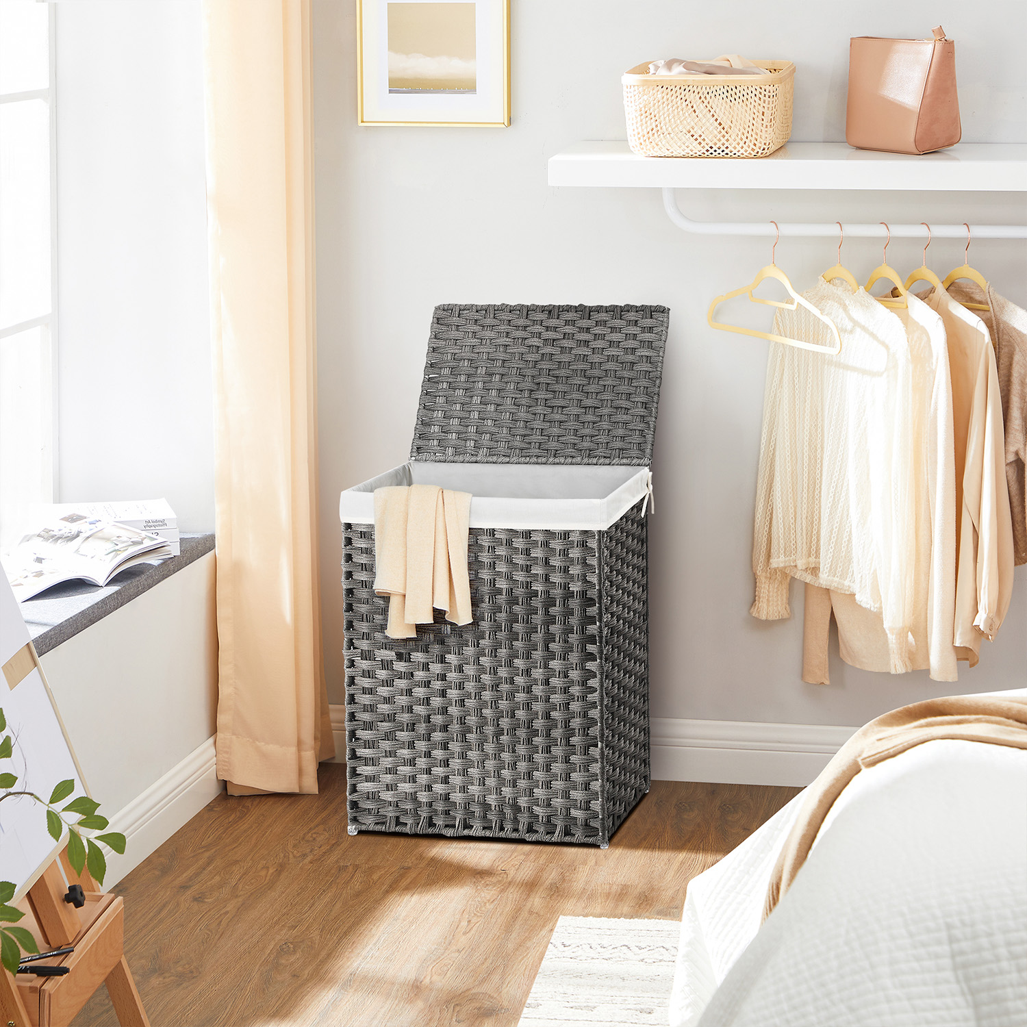 Handwoven Laundry Basket, 90L Synthetic Rattan Clothes Hamper with Lid and Handles, Foldable, Removable Liner Bag, Grey - Image 2