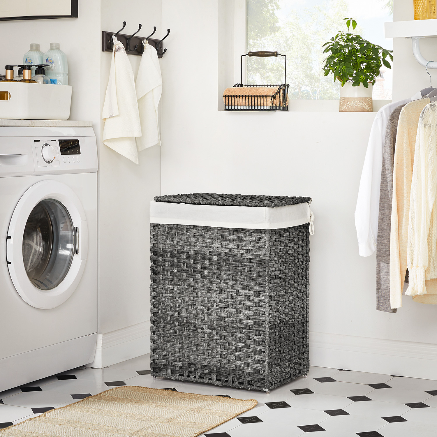 Handwoven Laundry Basket, 90L Synthetic Rattan Clothes Hamper with Lid and Handles, Foldable, Removable Liner Bag, Grey - Image 3