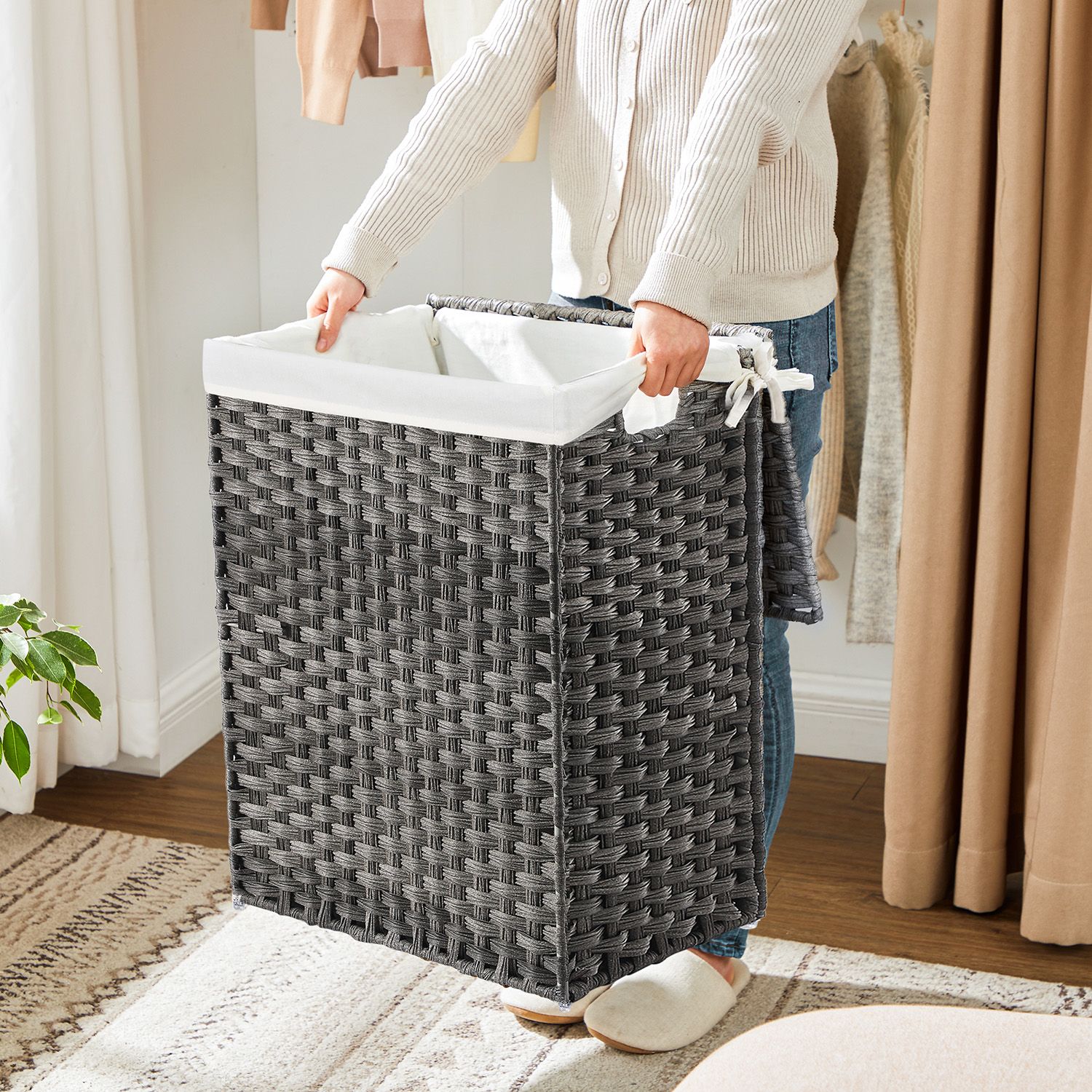 Handwoven Laundry Basket, 90L Synthetic Rattan Clothes Hamper with Lid and Handles, Foldable, Removable Liner Bag, Grey - Image 5