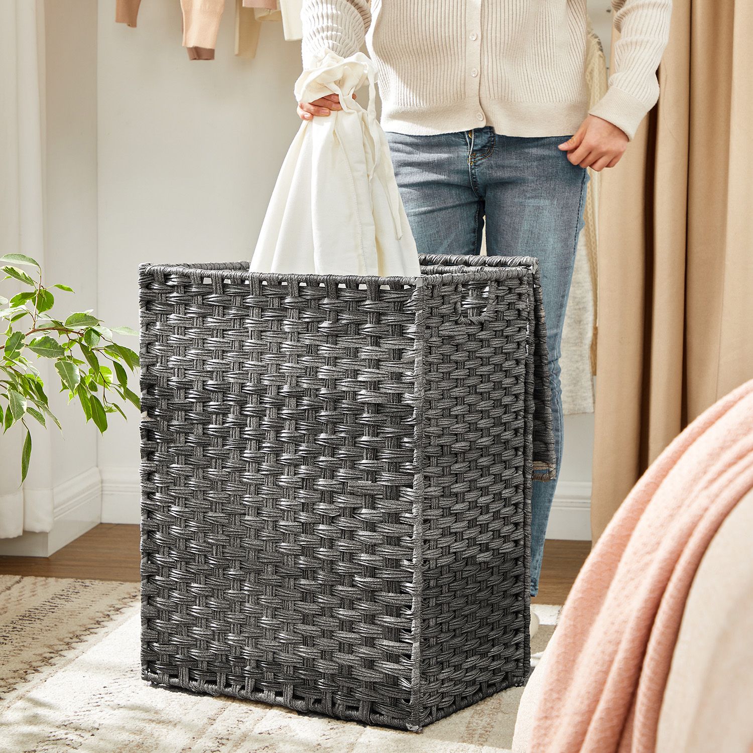 Handwoven Laundry Basket, 90L Synthetic Rattan Clothes Hamper with Lid and Handles, Foldable, Removable Liner Bag, Grey - Image 6