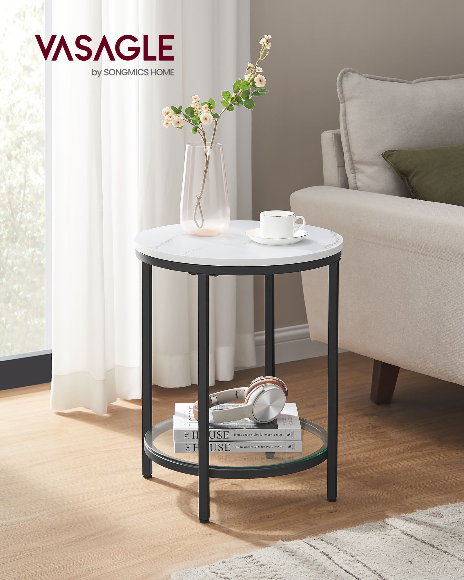Side Table Bedside Table 2 Tier Wood Chipboard Tempered Glass Living Room Study Small Spaces Modern White Marble Effect Black Frame LET285B13 - Image 2