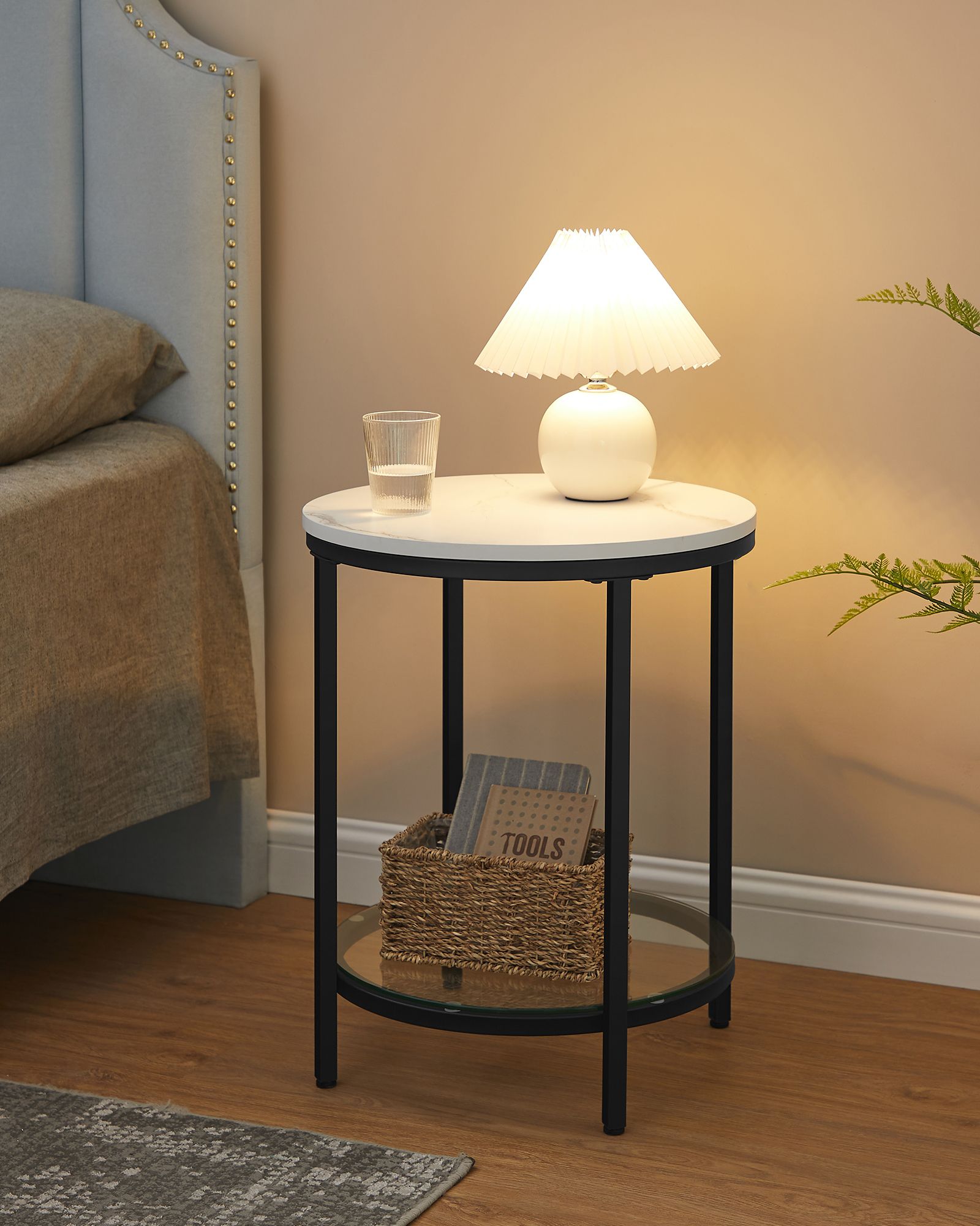 Side Table Bedside Table 2 Tier Wood Chipboard Tempered Glass Living Room Study Small Spaces Modern White Marble Effect Black Frame LET285B13 - Image 3