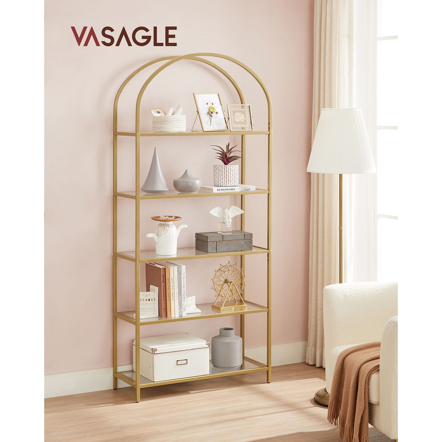 Hylde i 5 lag, hylde i hærdet glas, buet design, stålkonstruktion, til stuen, arbejdsværelset, gylden farve LGT050A01 - Billede 2