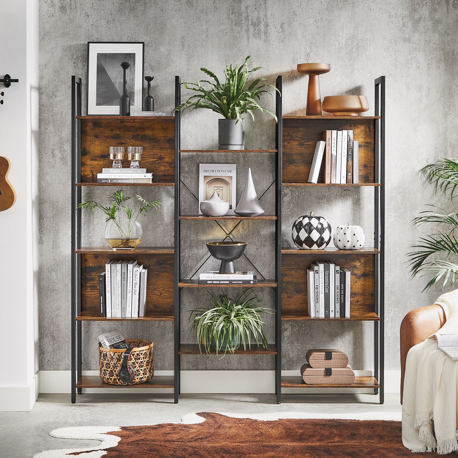Bokhylla, bokhylla med 14 förvaringshyllor, metallram, vardagsrum, arbetsrum, kontor, industriell stil, 158 x 24 x 166 cm, rustikt brun och svart LLS107B01 - Bild 2