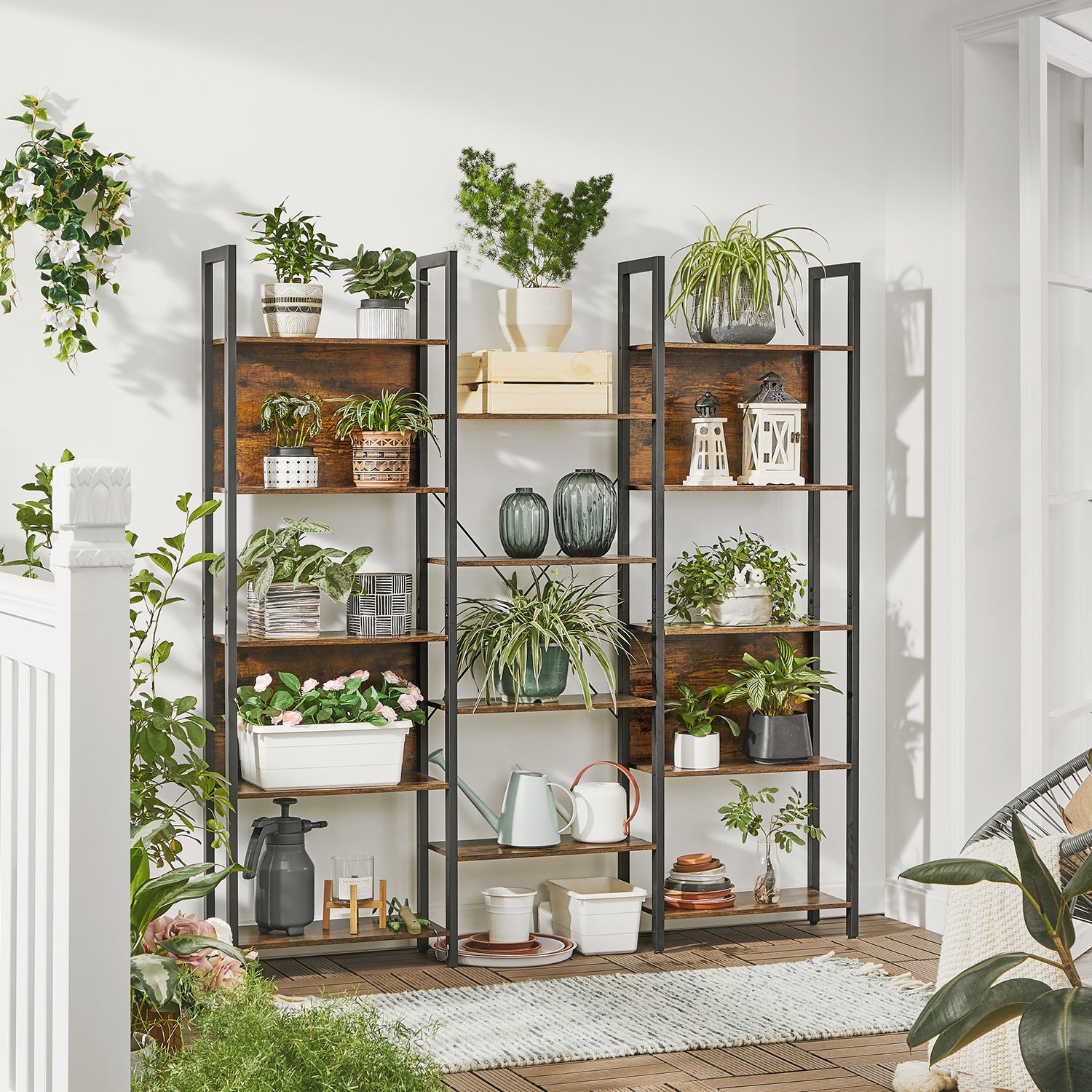 Bokhylla, bokhylla med 14 förvaringshyllor, metallram, vardagsrum, arbetsrum, kontor, industriell stil, 158 x 24 x 166 cm, rustikt brun och svart LLS107B01 - Bild 3