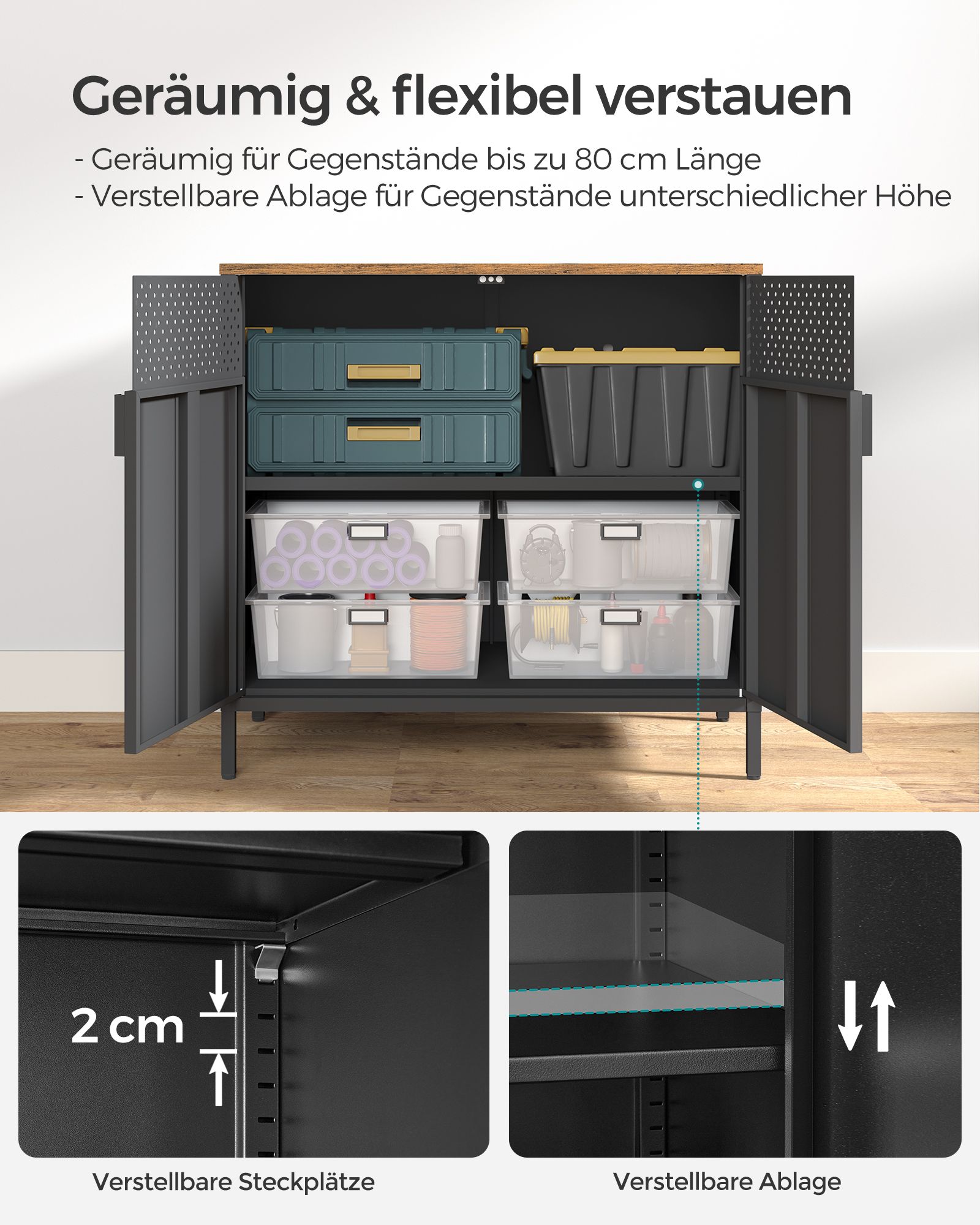 Förvaringsskåp, golvskåp med dubbla dörrar, magnetisk stängning, justerbart hyllplan, stålram, industriell stil, platsbesparande, rustikt brunt och svart LSC102B01 - Bild 4