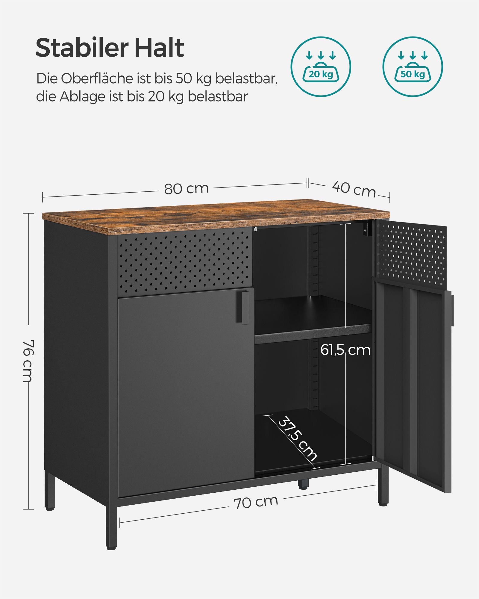 Förvaringsskåp, golvskåp med dubbla dörrar, magnetisk stängning, justerbart hyllplan, stålram, industriell stil, platsbesparande, rustikt brunt och svart LSC102B01 - Bild 6