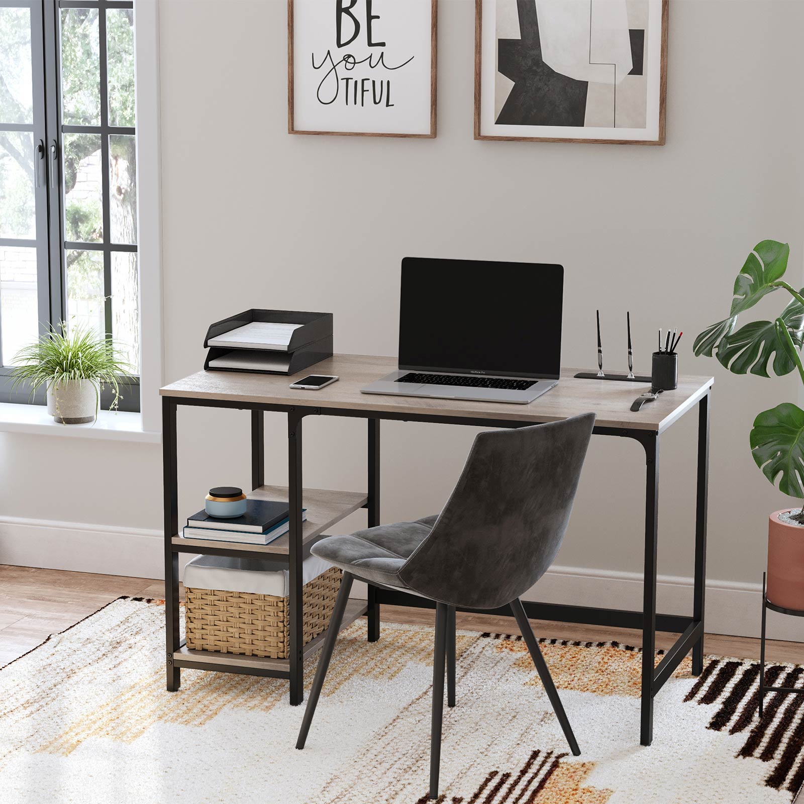 Computer Desk, Writing Desk with 2 Shelves on Left or Right, Work Table for Office Living Room, Steel Frame, Industrial, Greige and Black - Image 3