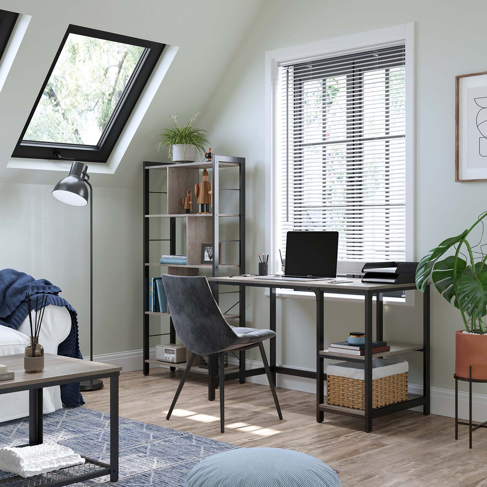 Computer Desk, Writing Desk with 2 Shelves on Left or Right, Work Table for Office Living Room, Steel Frame, Industrial, Greige and Black - Image 2