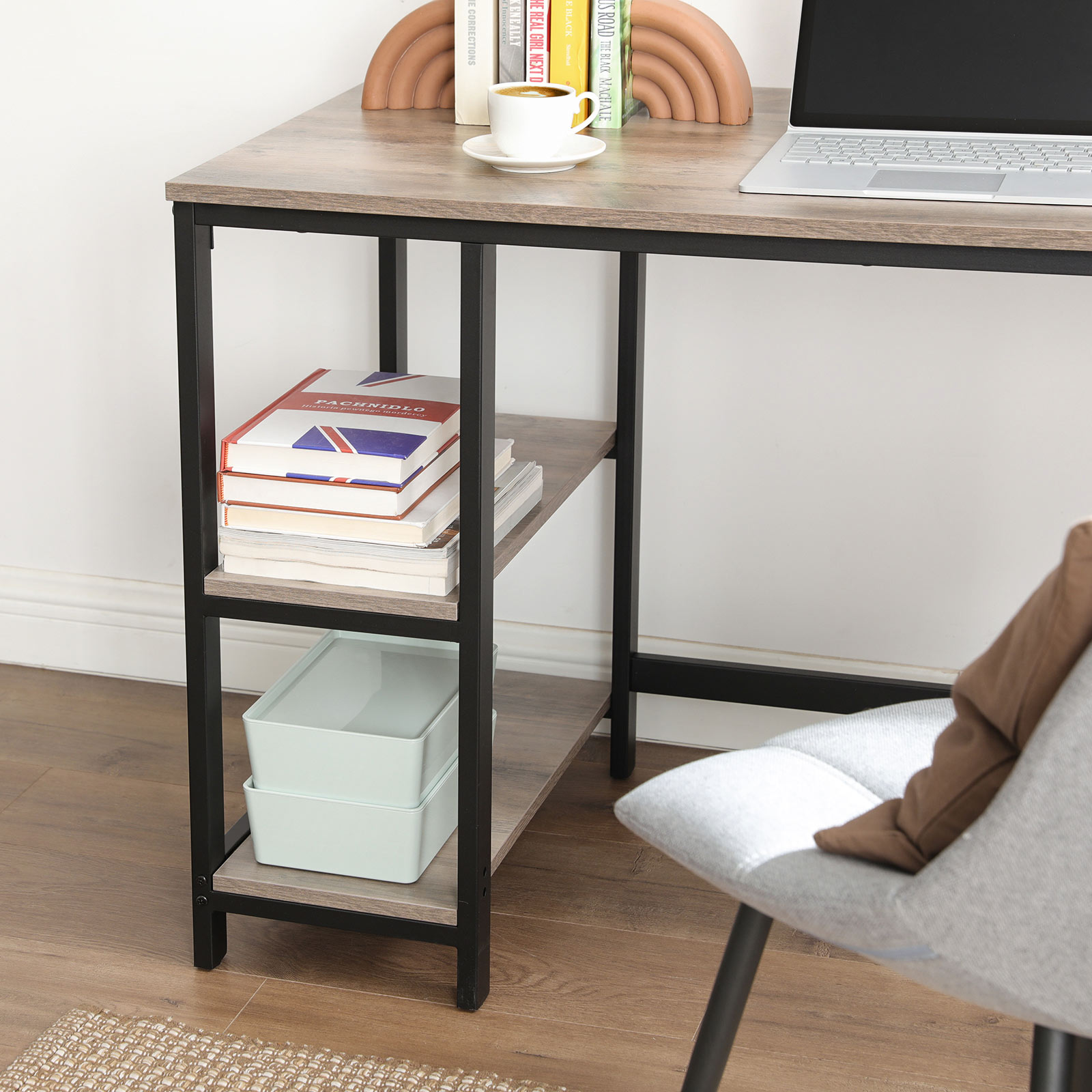 Computer Desk, Writing Desk with 2 Shelves on Left or Right, Work Table for Office Living Room, Steel Frame, Industrial, Greige and Black - Image 5