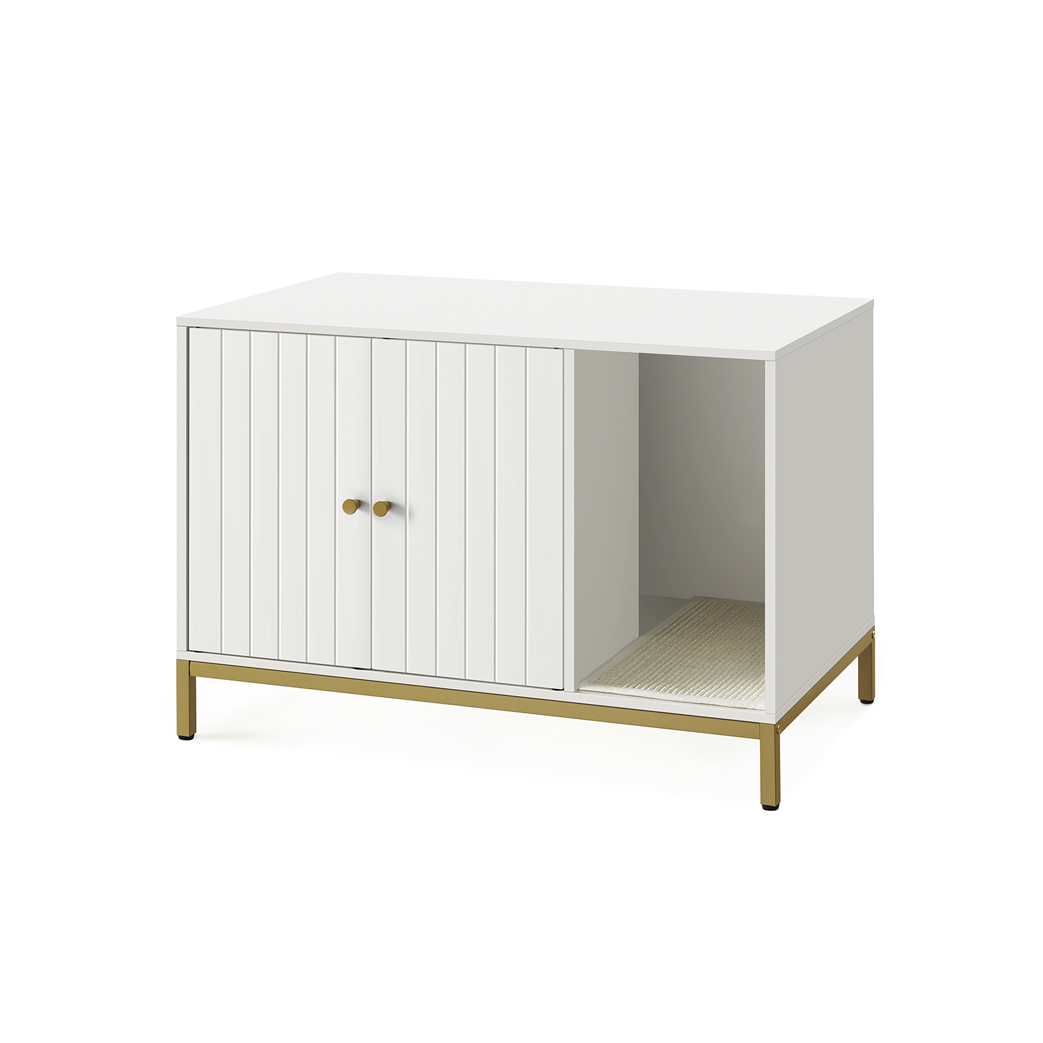 Feandrea kattlådehölje, dold kattlådemöbel med klösmatta, höga ben, katthus, sidobord, 80 x 50 x 55 cm, vit och guld V1