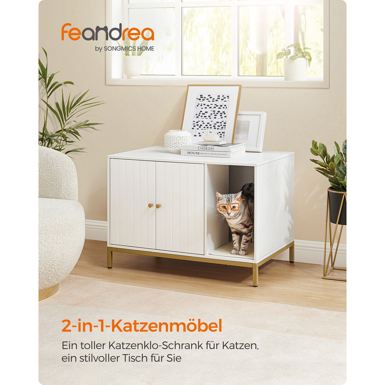 Feandrea kattlådehölje, dold kattlådemöbel med klösmatta, höga ben, katthus, sidobord, 80 x 50 x 55 cm, vit och guld V1 - Bild 2