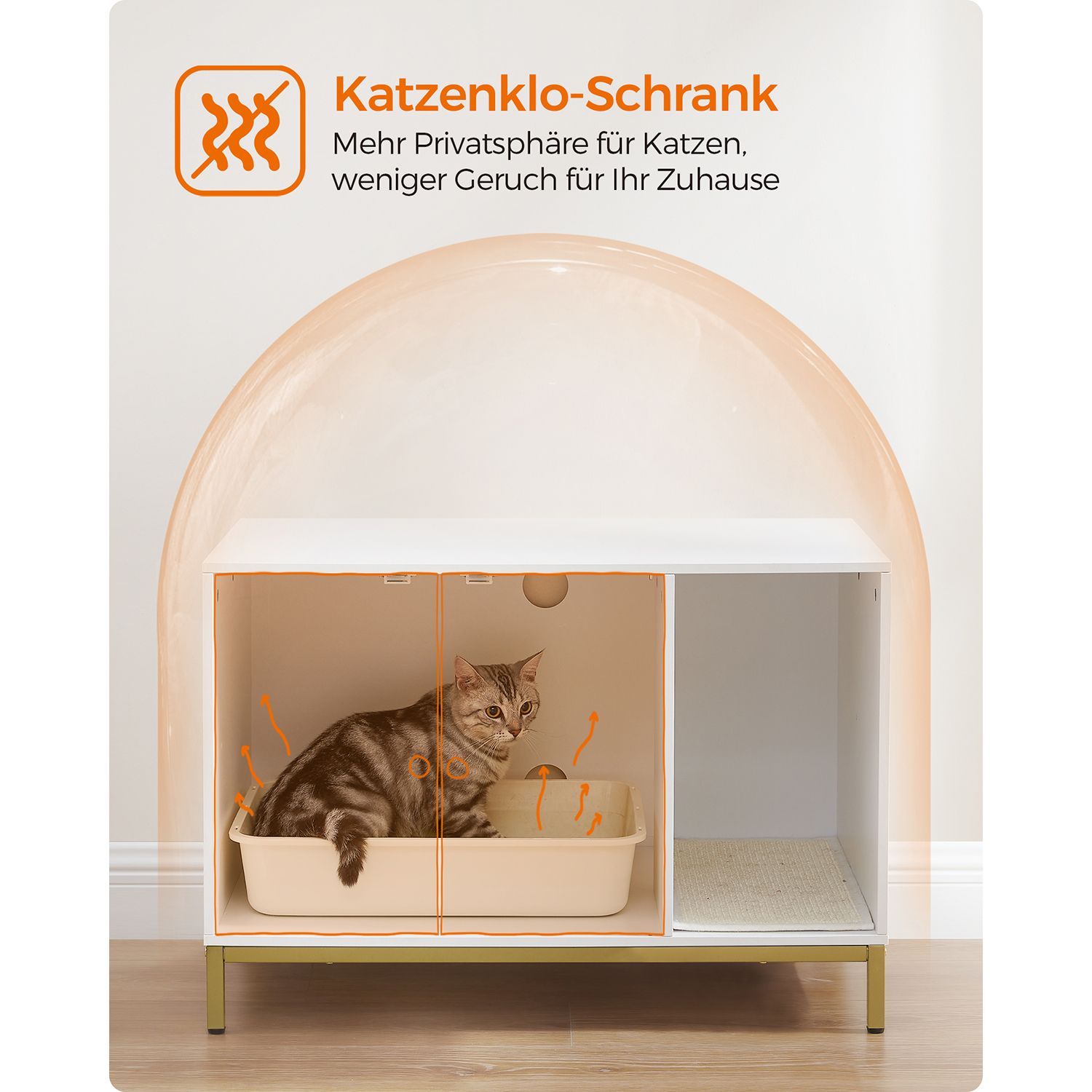 Feandrea kattlådehölje, dold kattlådemöbel med klösmatta, höga ben, katthus, sidobord, 80 x 50 x 55 cm, vit och guld V1 - Bild 3