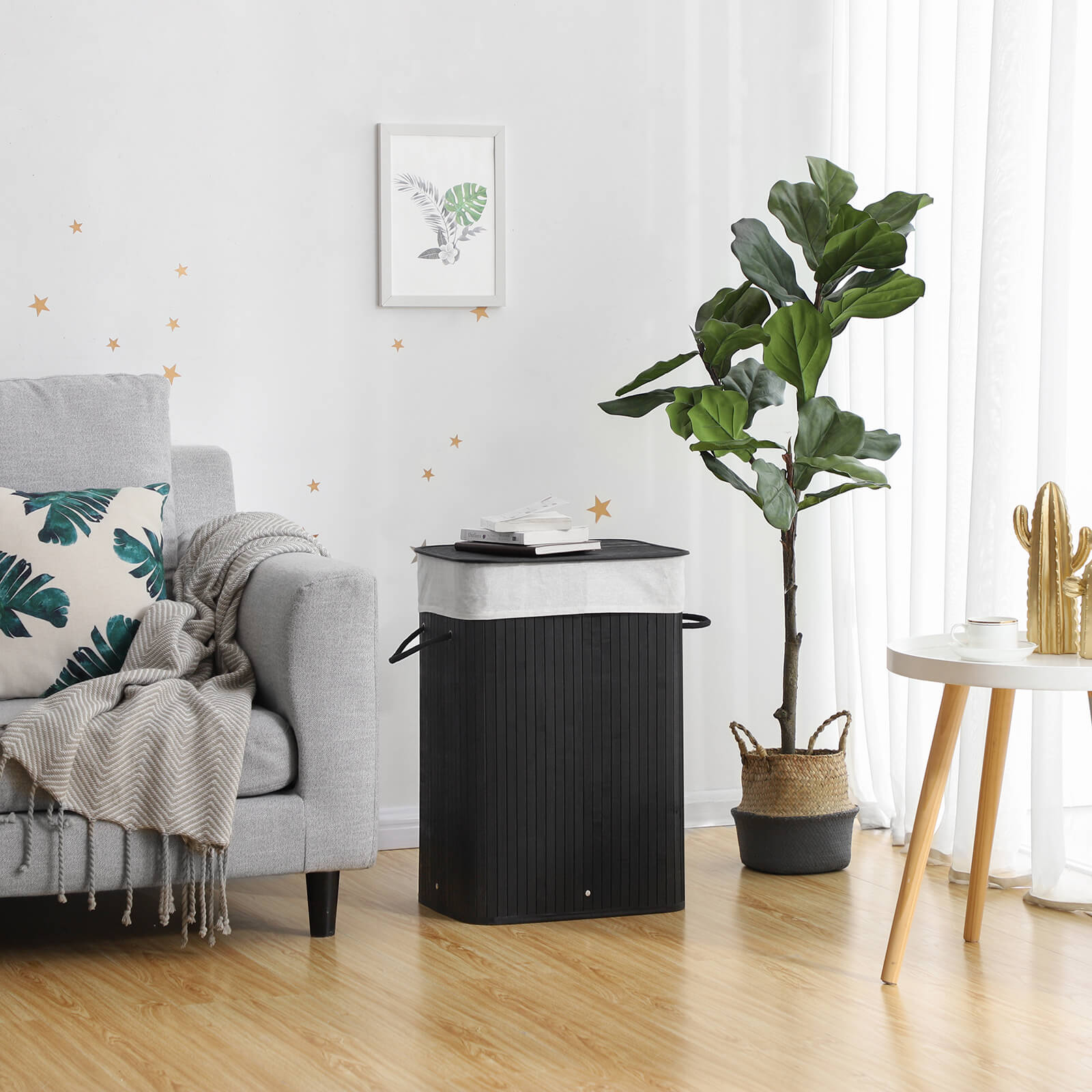 Bamboo Laundry Basket, 72L Foldable Laundry Hamper, Rectangular Storage Hamper with 3 Handles, 40 x 30 x 60 cm, Black LCB10B - Image 4