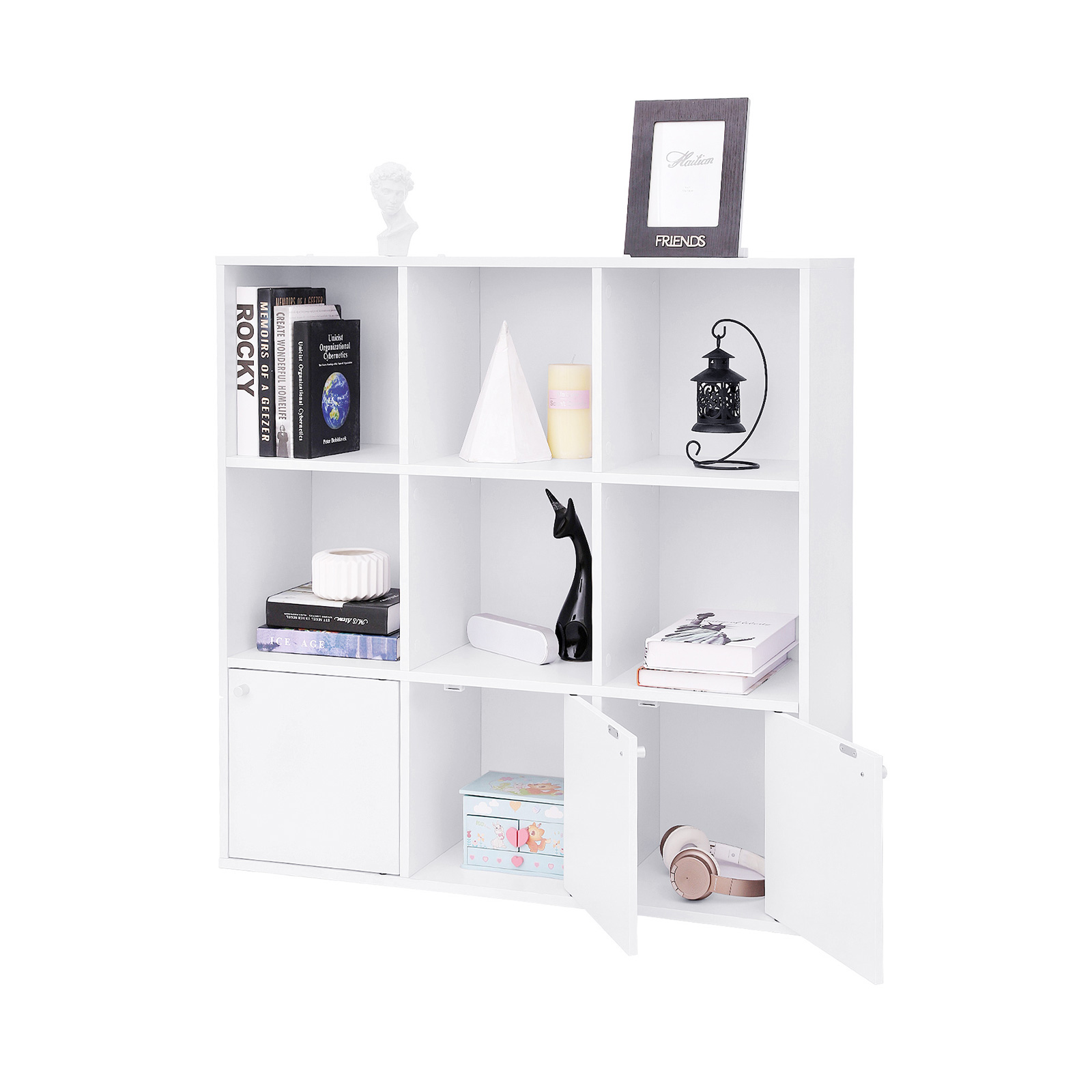 Wooden Storage Bookcase, Freestanding Display Shelf, DVD Rack Bookshelf, with 3 Bottom Cabinets, White - Image 6