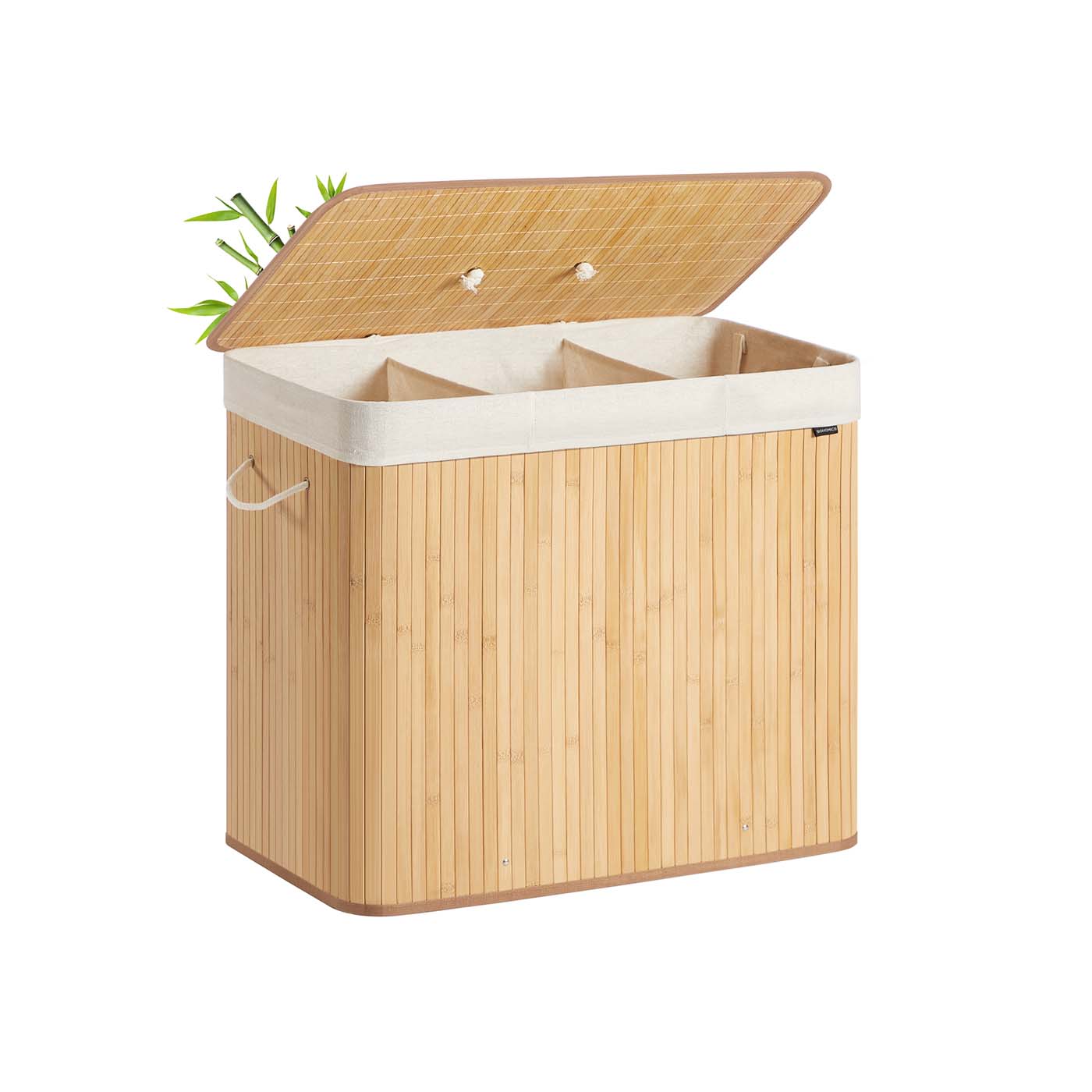SONGMICS laundry basket with 3 compartments and removable laundry bag, natural colors