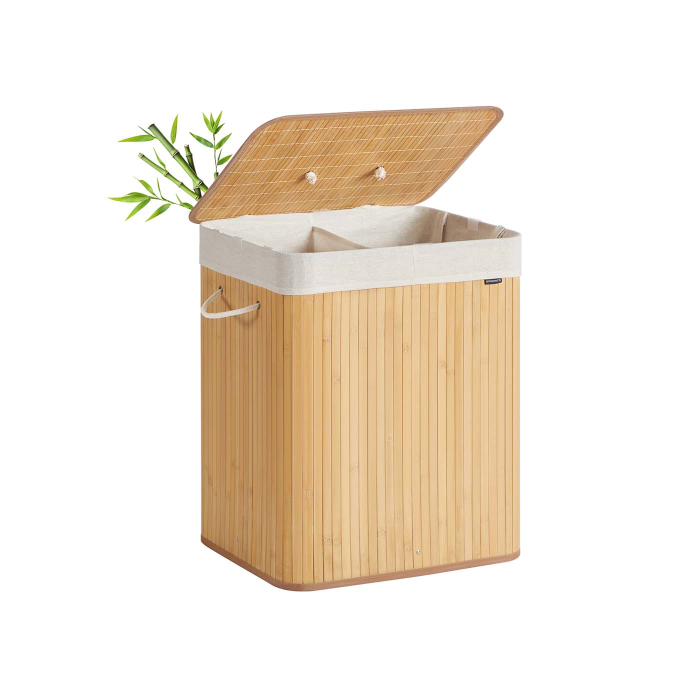 SONGMICS laundry basket with 2 compartments and removable laundry bag, natural colors