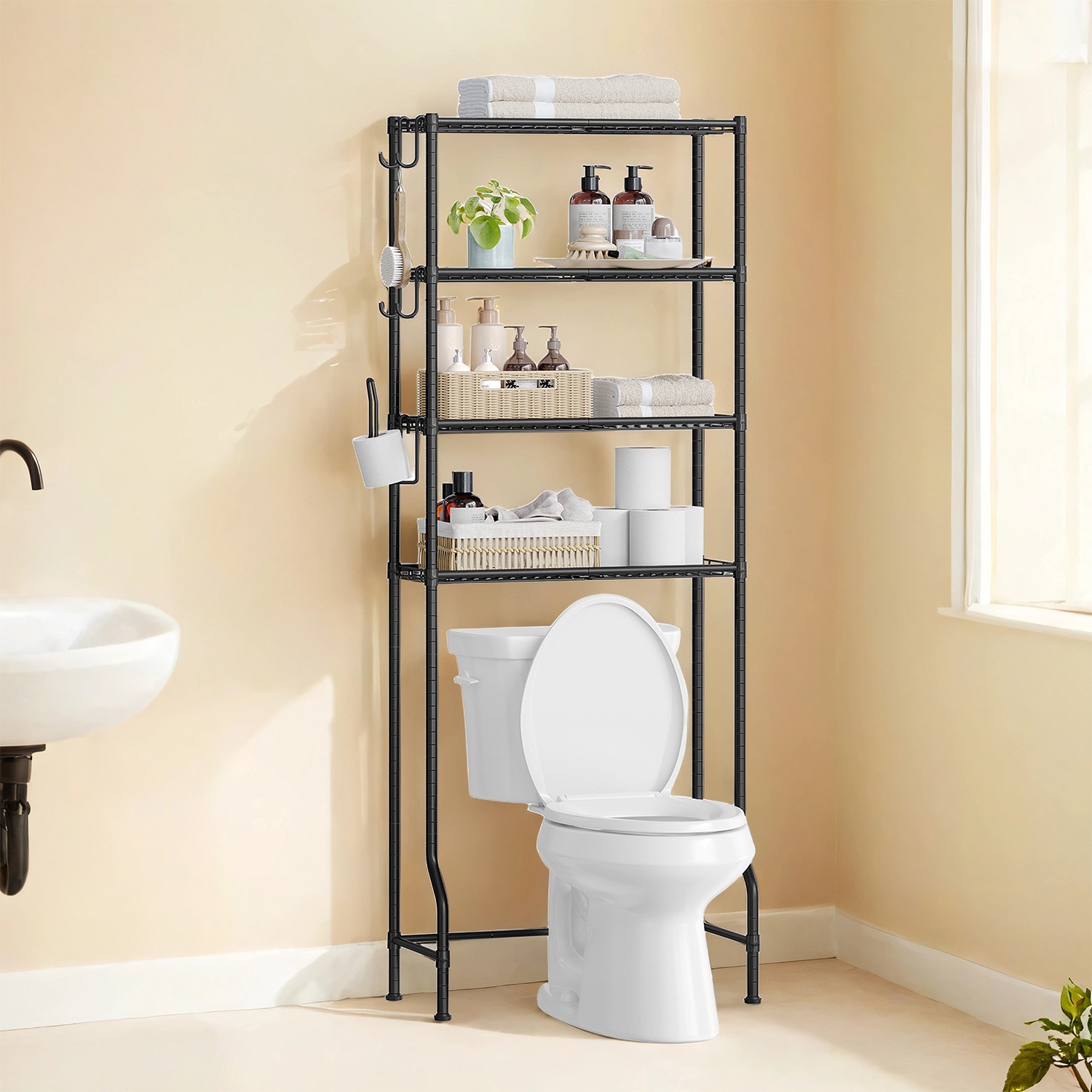 SONGMICS 4-tier toilet shelf with hooks, space-saving, black