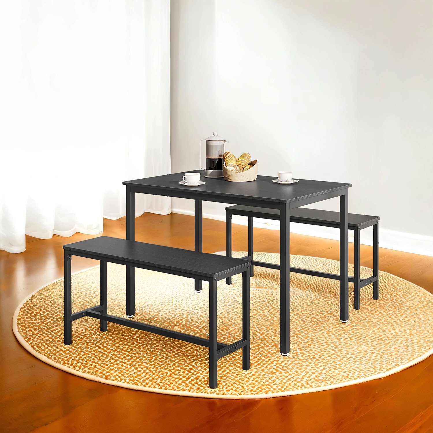VASAGLE Dining Table with 2 Benches 3-Piece Set Ash Black-Ink Black