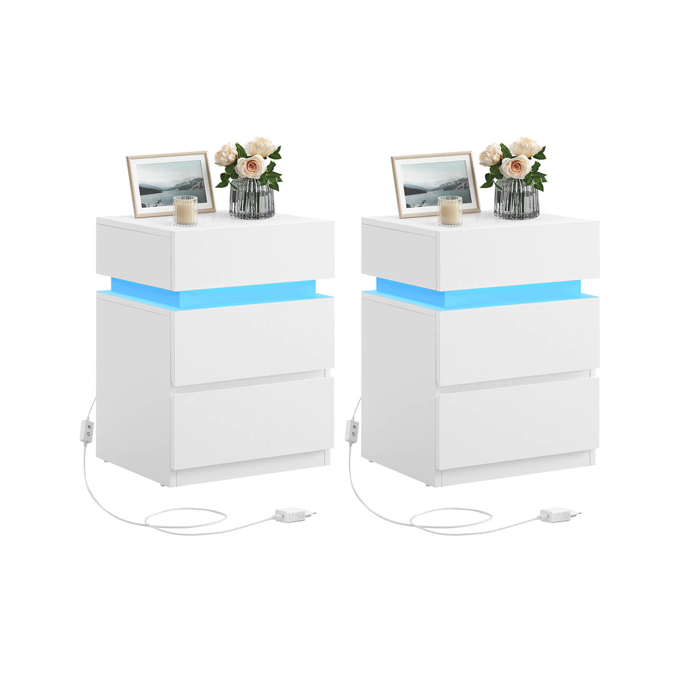 VASAGLE Bedside Table Set of 2 with LED Lighting and 3 Drawers, White