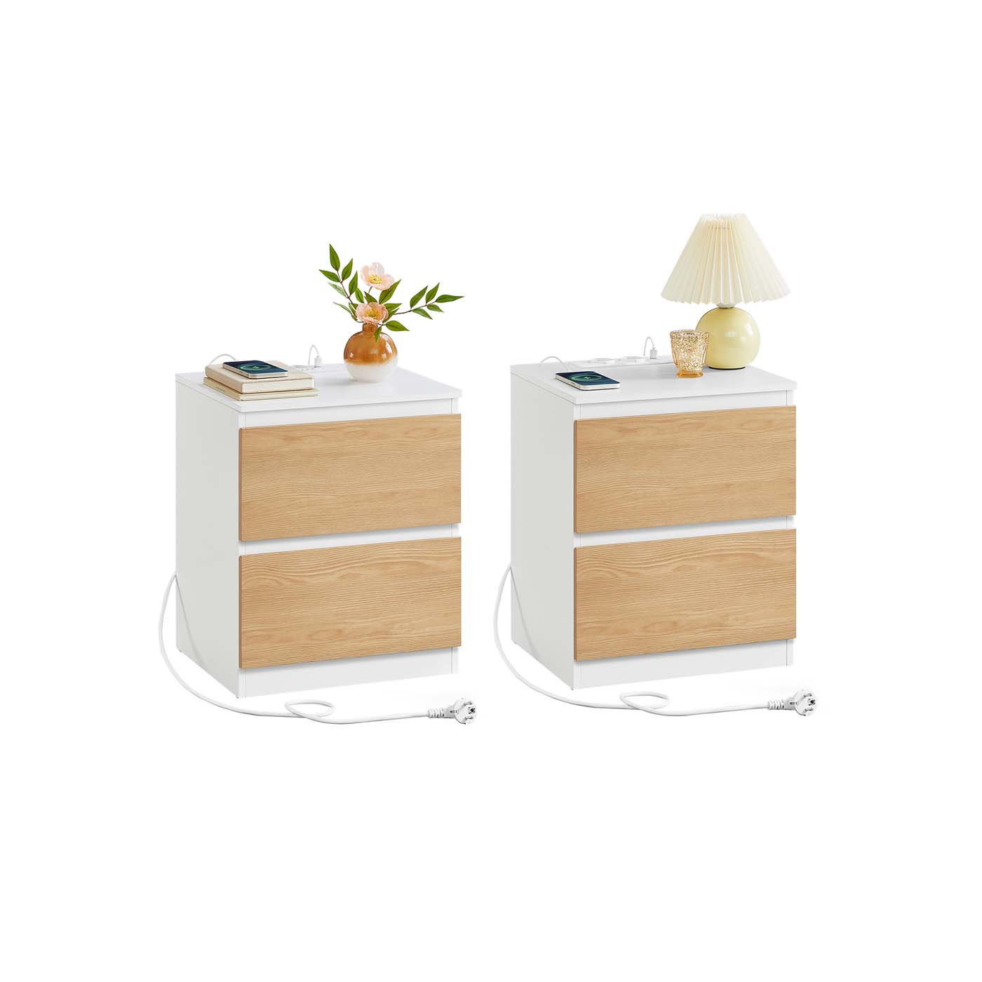 VASAGLE bedside table set of 2 with sockets and drawers, almond yellow