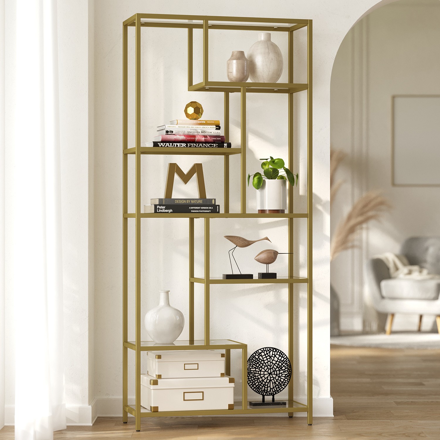 VASAGLE 6-tier bookcase, shelf with tempered glass shelves, free-standing shelf