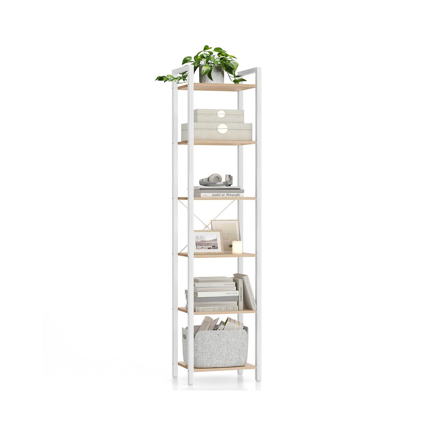 VASAGLE hylde med 6 niveauer 30 x 40 x 186 cm naturlig beige-mat hvid