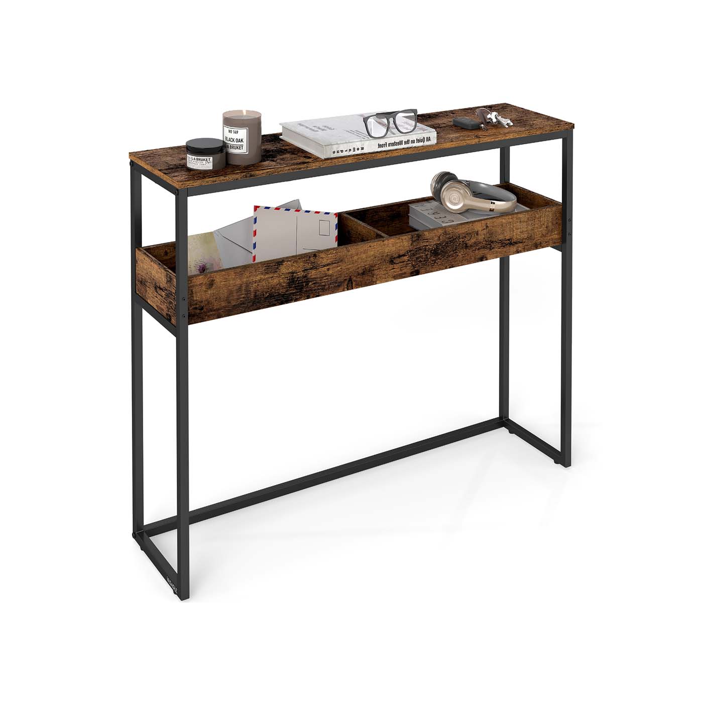 VASAGLE Narrow console table with two levels and semi-open compartments