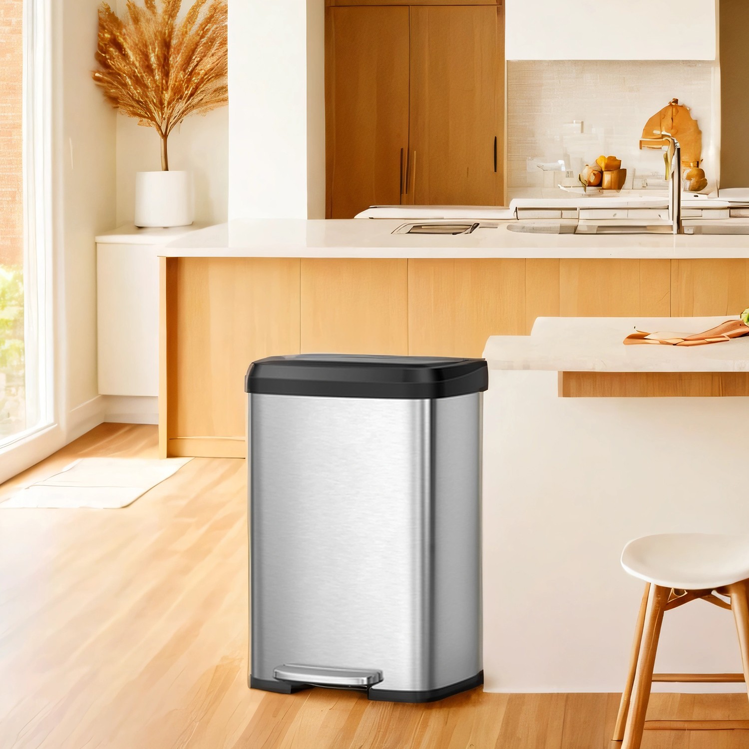 SONGMICS Kitchen Trash Can 50 Liters Metal with Lid Silver-Black