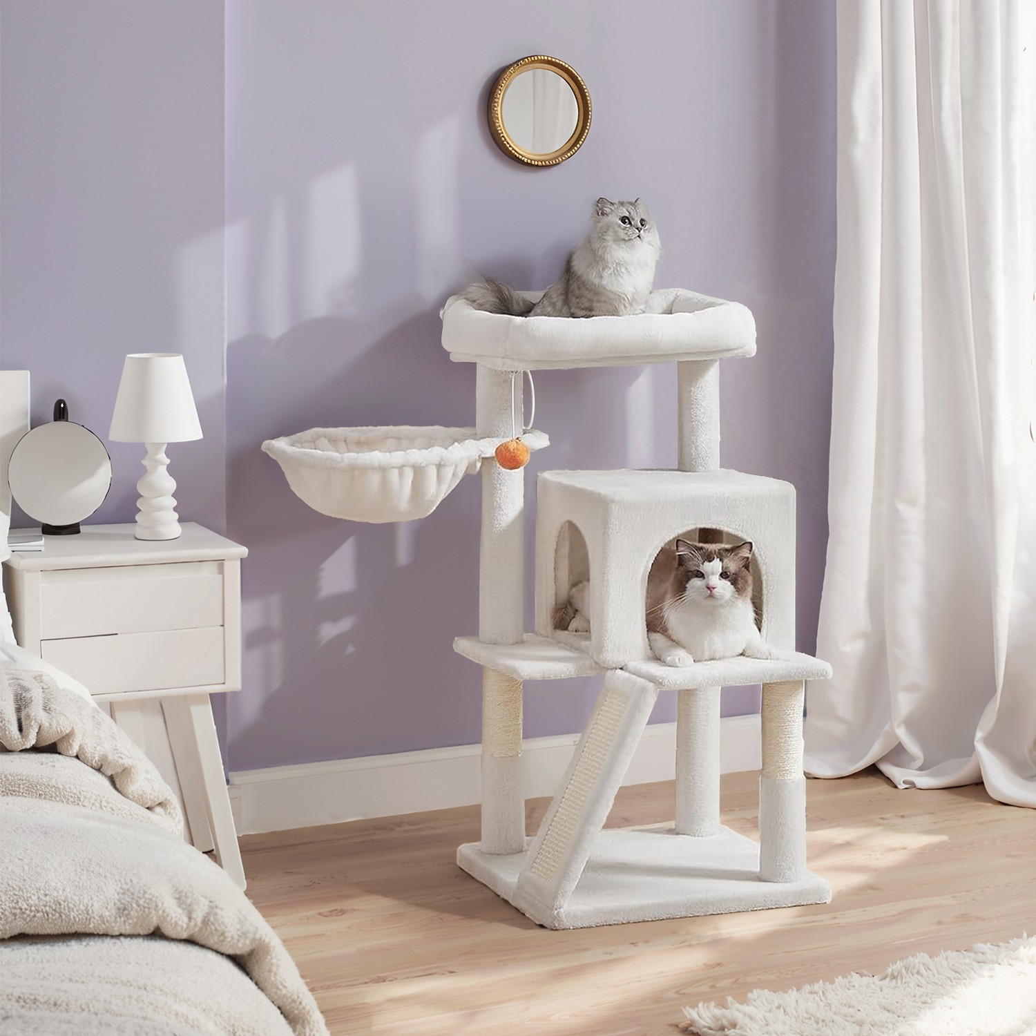 Feandrea scratching post, cat tree with large platform, cat scratching post with cave and hanging basket