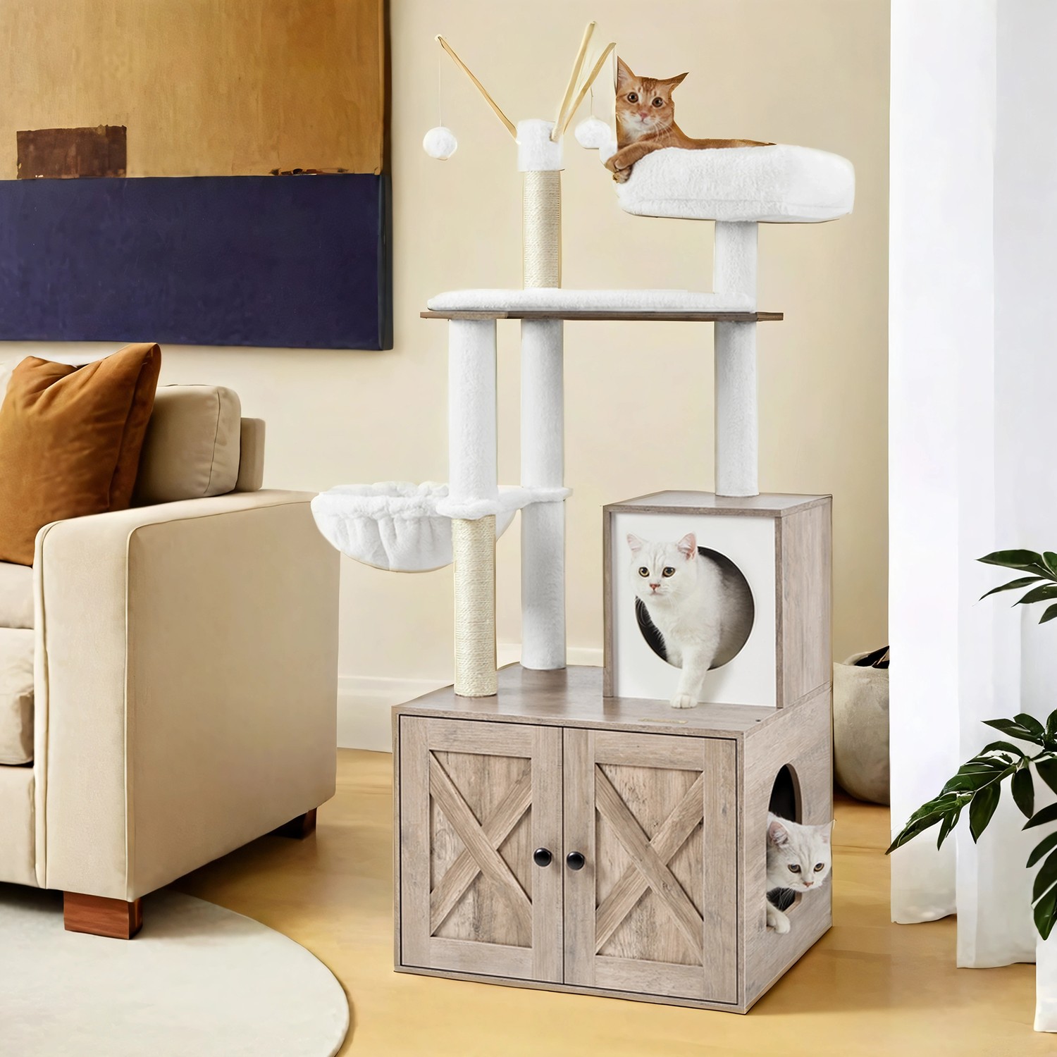Feandrea scratching post with removable litter box cabinet, greige