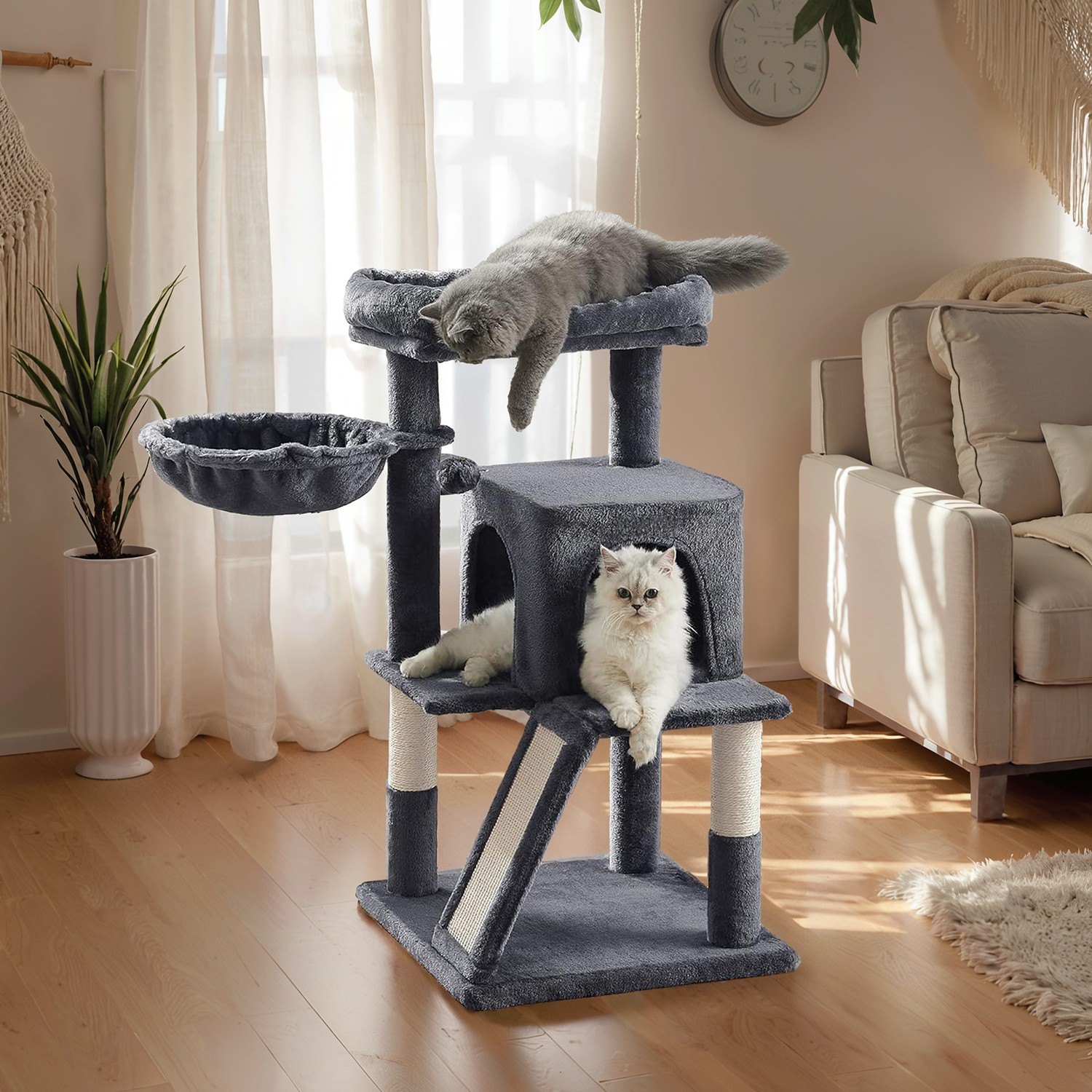 Feandrea scratching post, cat tree with large platform, cat scratching post with cave and hanging basket