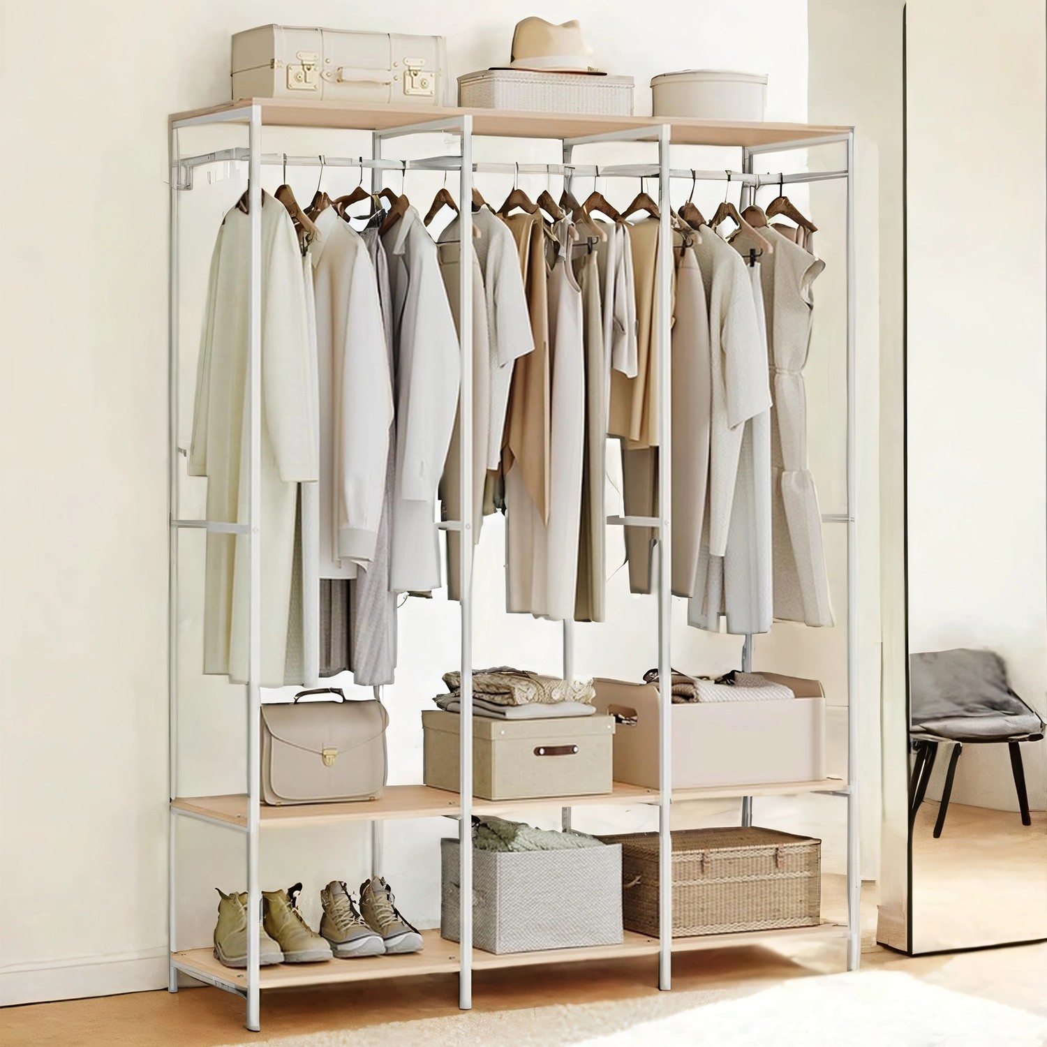 SONGMICS åben garderobe med tøjstang, naturlig beige