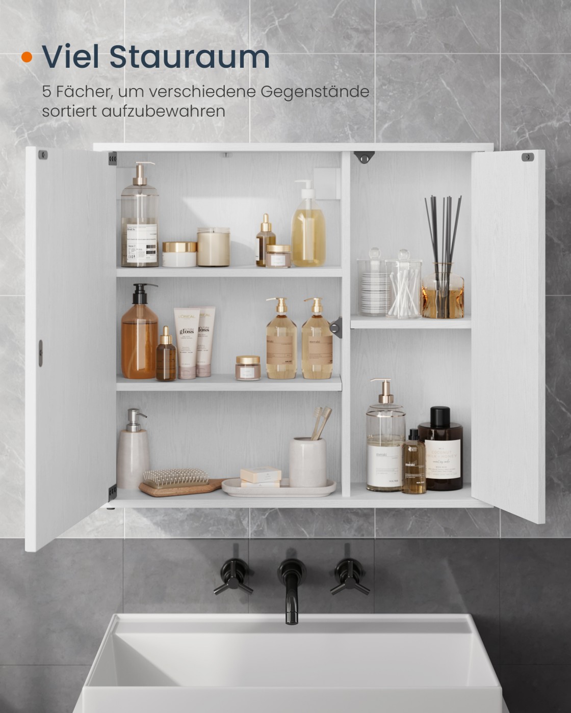 SONGMICS HOME Speilskap, baderomsskap, superrask montering uten verktøy, Toolless-teknologi, badespeil, justerbare hyller, moderne, 15 x 60 x 55 cm, snøhvit - Bilde 4