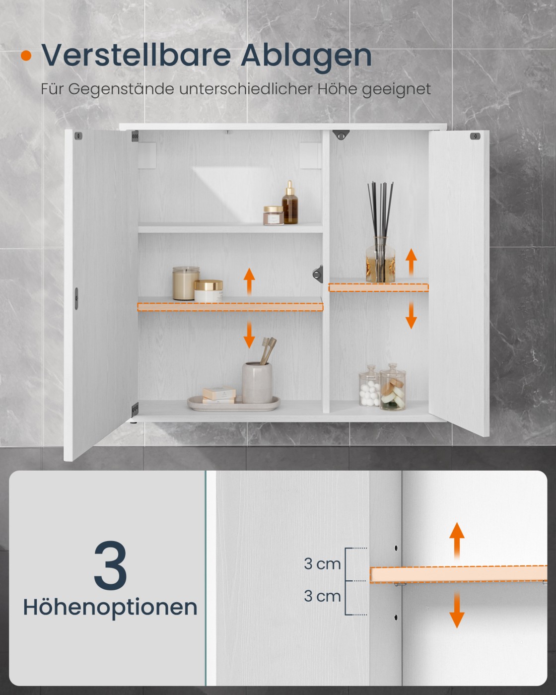 SONGMICS HOME Speilskap, baderomsskap, superrask montering uten verktøy, Toolless-teknologi, badespeil, justerbare hyller, moderne, 15 x 60 x 55 cm, snøhvit - Bilde 5