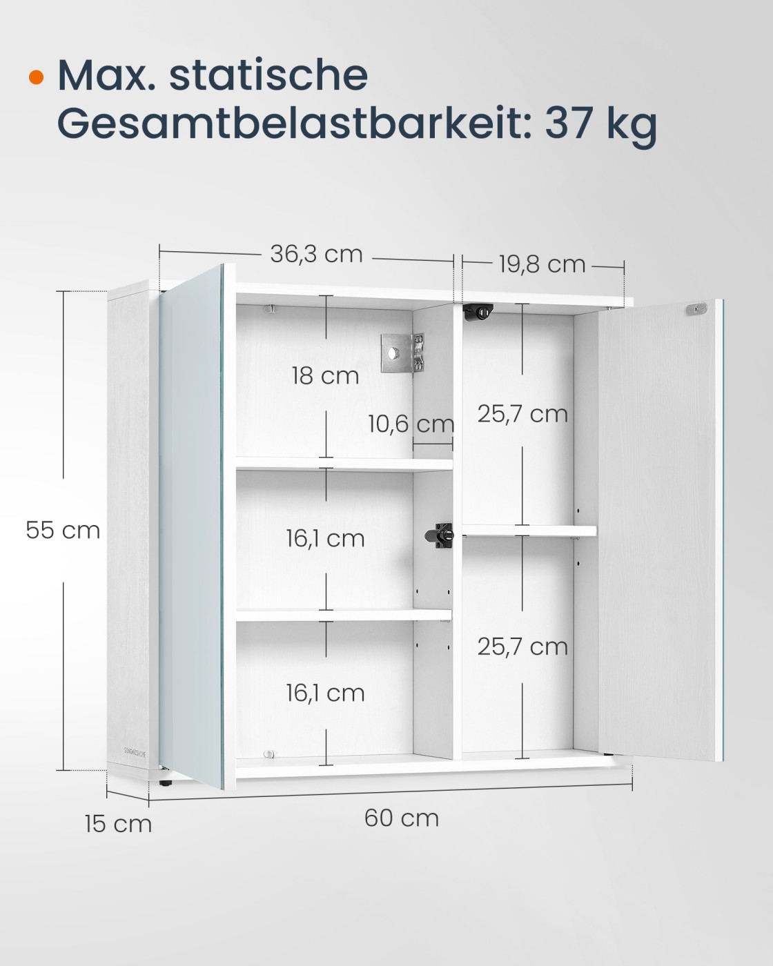 SONGMICS HOME Speilskap, baderomsskap, superrask montering uten verktøy, Toolless-teknologi, badespeil, justerbare hyller, moderne, 15 x 60 x 55 cm, snøhvit - Bilde 6