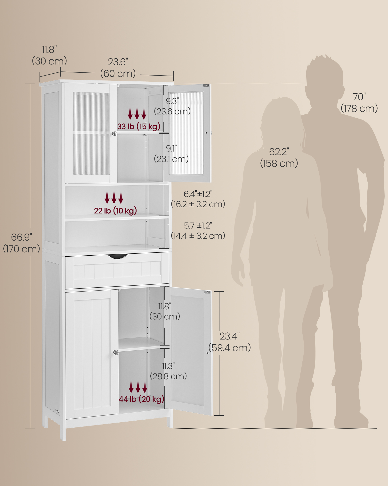 VASAGLE Storage Cabinet, Freestanding Bathroom Storage Unit with Adjustable Shelves, Drawer, Open Compartments, for Bathroom, Living Room, Kitchen, Cloud White - Image 5