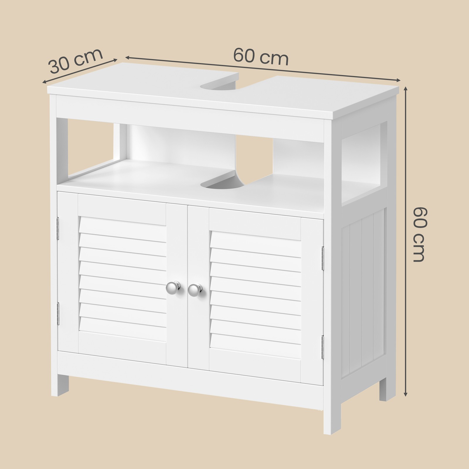 VASAGLE Pesualtaan alakaappi Alakaappi ilman pesuallasta Säilytystilaa runsaasti Kylpyhuonekaappi lamelliluukuilla 2 lokeroa valkoinen 60 x 60 x 30 cm (L x K x S) - Image 3