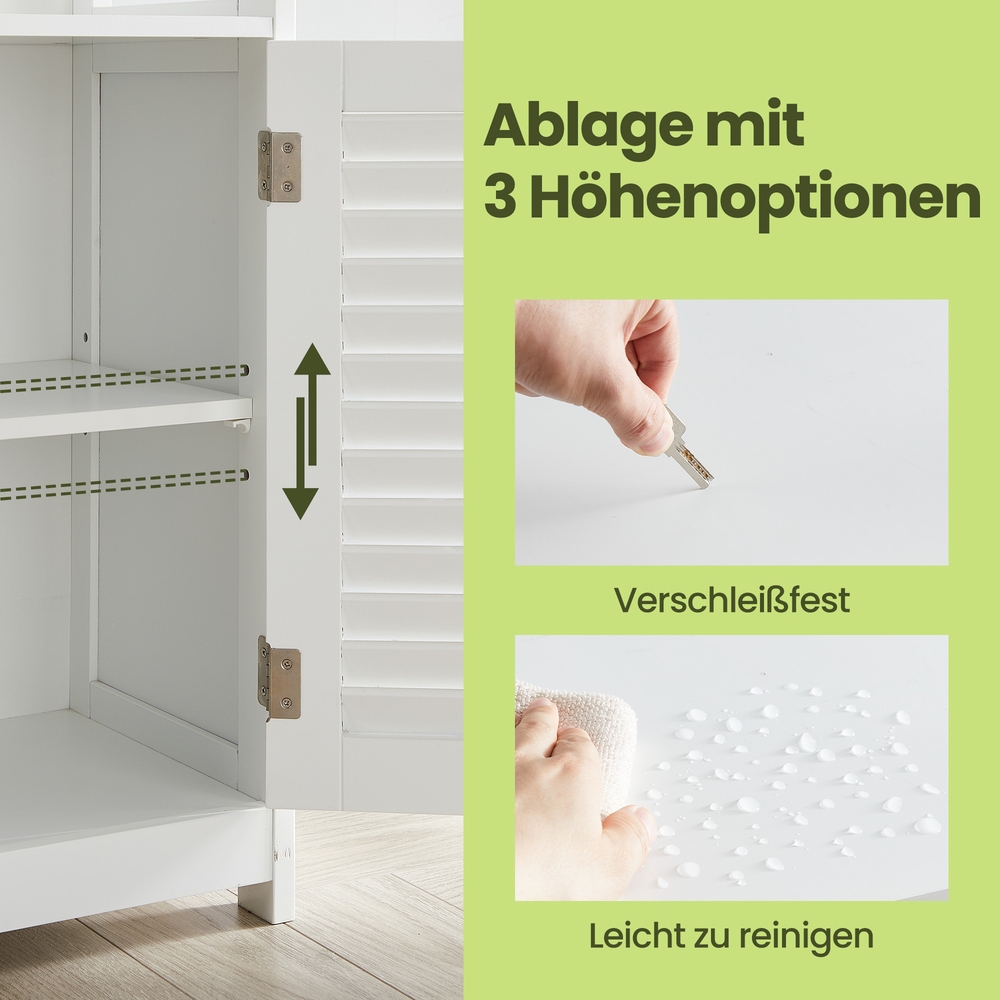 VASAGLE badeværelsesskab, badeværelsesorganizer, badeværelsesreol med 2 lameldøre, med åbent rum, fritstående, hvid - Billede 5