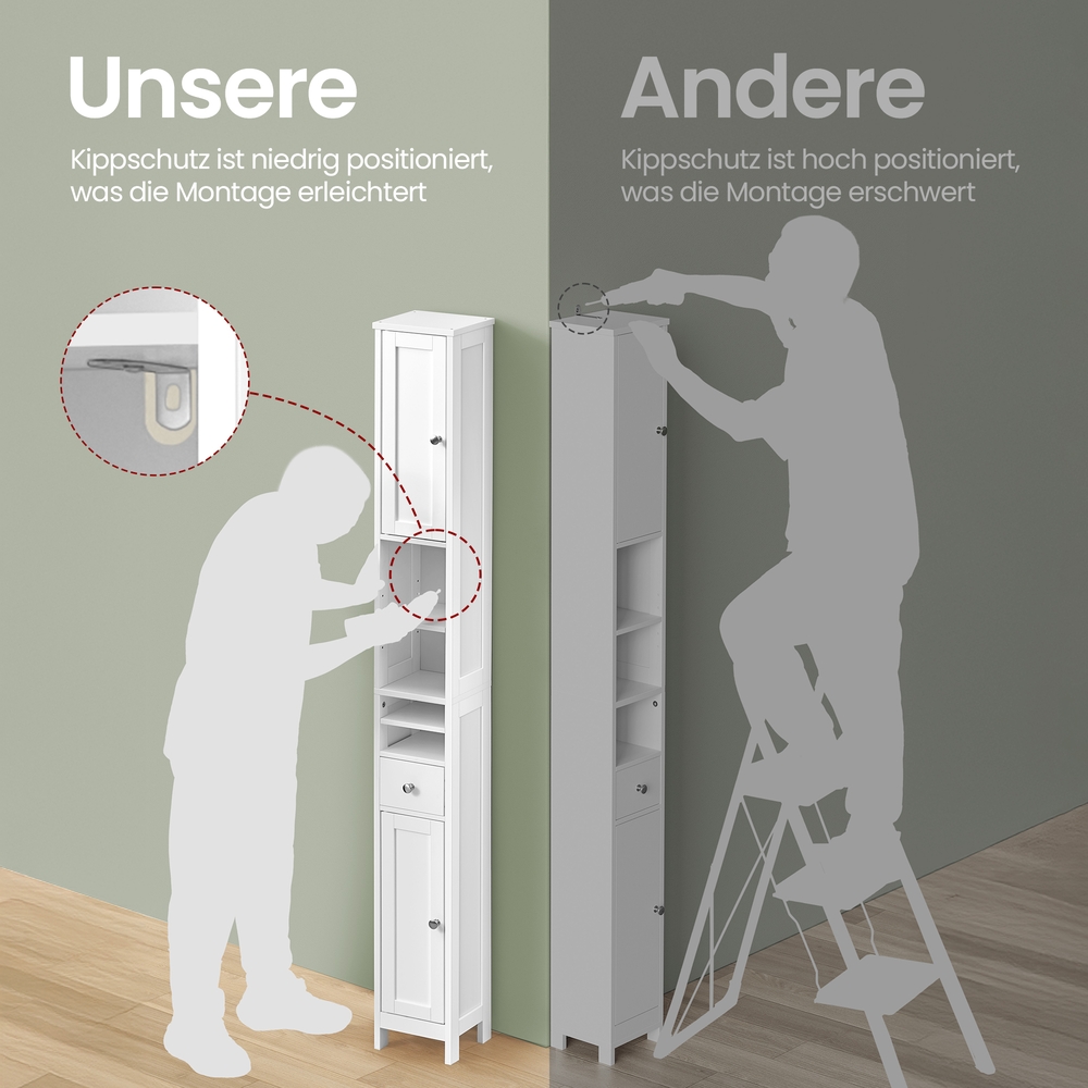 VASAGLE baderomsskap, høyt, smalt oppbevaringsskap, med justerbare hyller, skuff, åpne rom, for små rom, moderne, duvegrå - Bilde 8